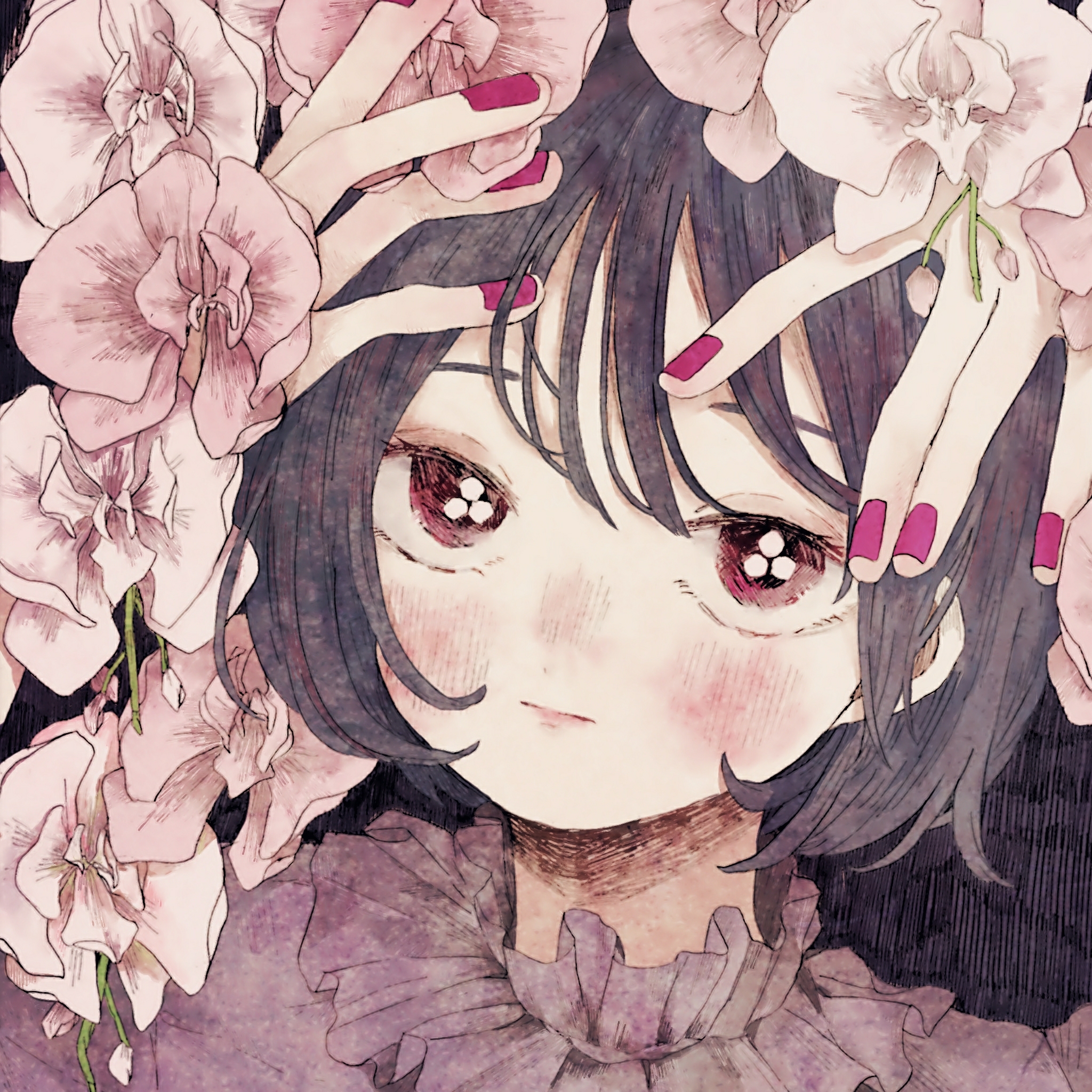 momo walnut, original, commentary request, highres, 1girl, ||/, arms up, black background, black hair, blush, bob cut, expressionless, flower, looking at viewer, muted color, nail polish, nose blush, orchid, pink flower, portrait, purple eyes, purple nails, short hair, solo, white flower