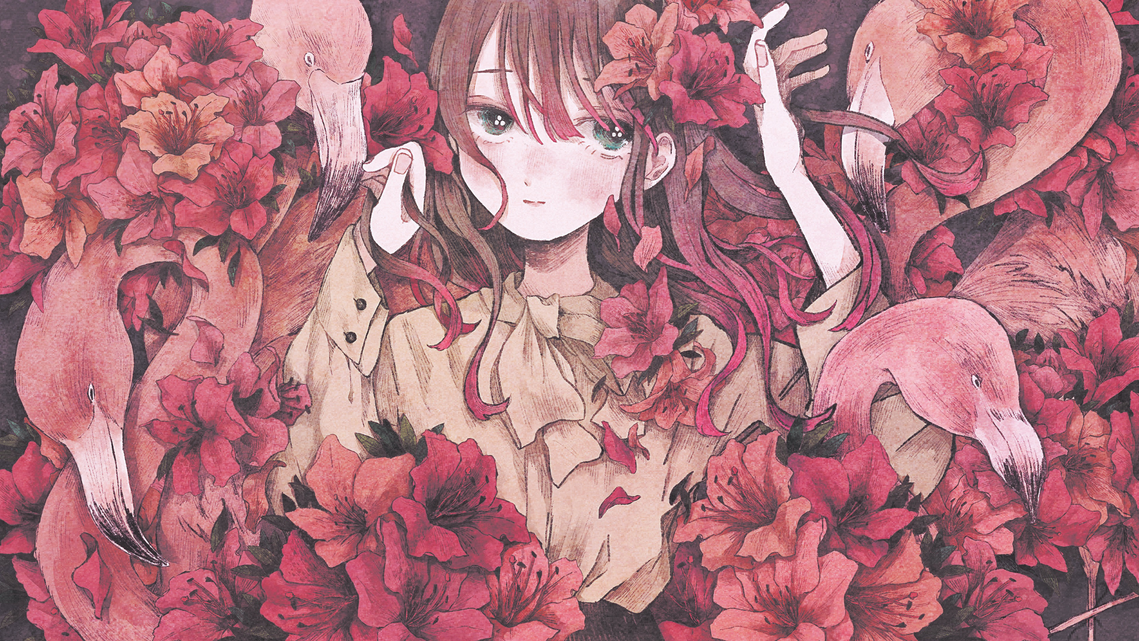 momo walnut, original, absurdres, commentary request, highres, 1girl, azalea (flower), bird, blush, brown hair, flamingo, flower, gradient hair, grey eyes, hair flower, hair ornament, hands up, holding, holding own hair, long hair, looking at viewer, multicolored hair, muted color, petals, pink hair, purple background, red flower, smile, solo