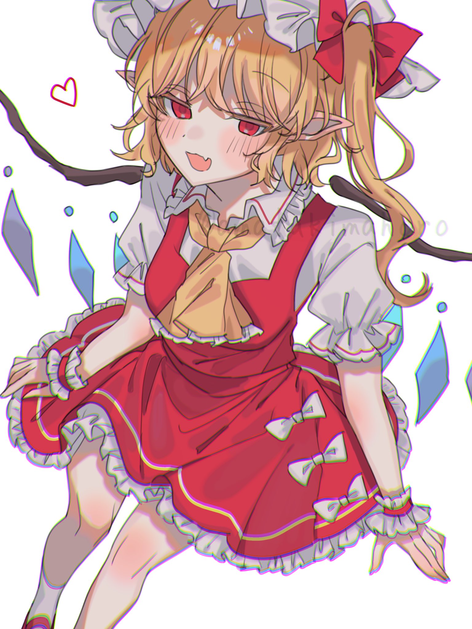 amatukimahoro, flandre scarlet, touhou, commentary, highres, revision, 1girl, ascot, blonde hair, blush, bow, collared shirt, crystal, crystal wings, detached wings, fang, foot out of frame, frilled shirt collar, frilled skirt, frilled wrist cuffs, frills, hat, heart, looking at viewer, mob cap, multicolored wings, one side up, open mouth, pointy ears, puffy short sleeves, puffy sleeves, red bow, red eyes, red skirt, red vest, shirt, short sleeves, simple background, skin fang, skirt, skirt bow, skirt set, smile, socks, solo, twitter username, vest, watermark, white background, white bow, white hair, white hat, white shirt, white socks, white wrist cuffs, wing collar, wings, wrist cuffs, yellow ascot