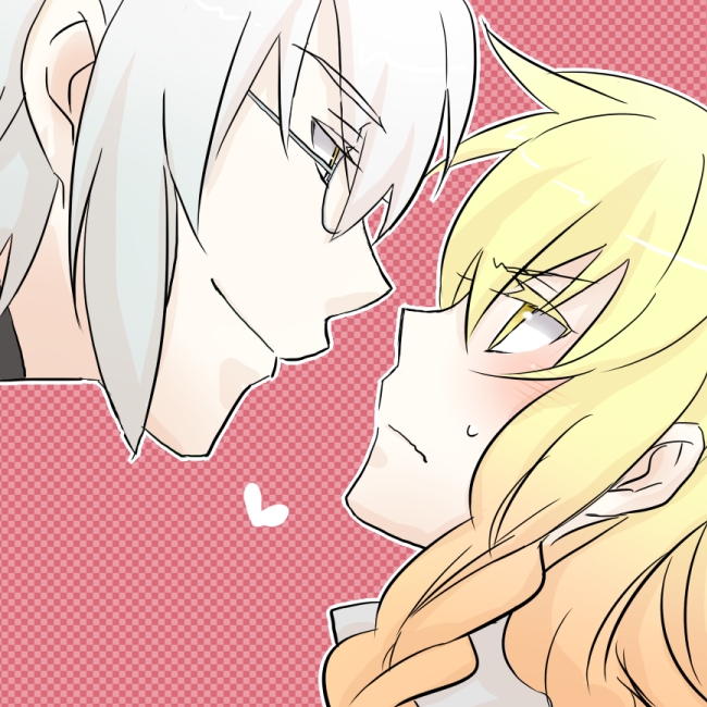 ararararagi, kirisame marisa, morichika rinnosuke, curiosities of lotus asia, touhou, silver hair, >:|, 1boy, 1girl, :|, blonde hair, blush, braid, checkered background, closed mouth, eye contact, frown, glasses, heart, hetero, light smile, looking at another, profile, sweatdrop, v-shaped eyebrows, yellow eyes