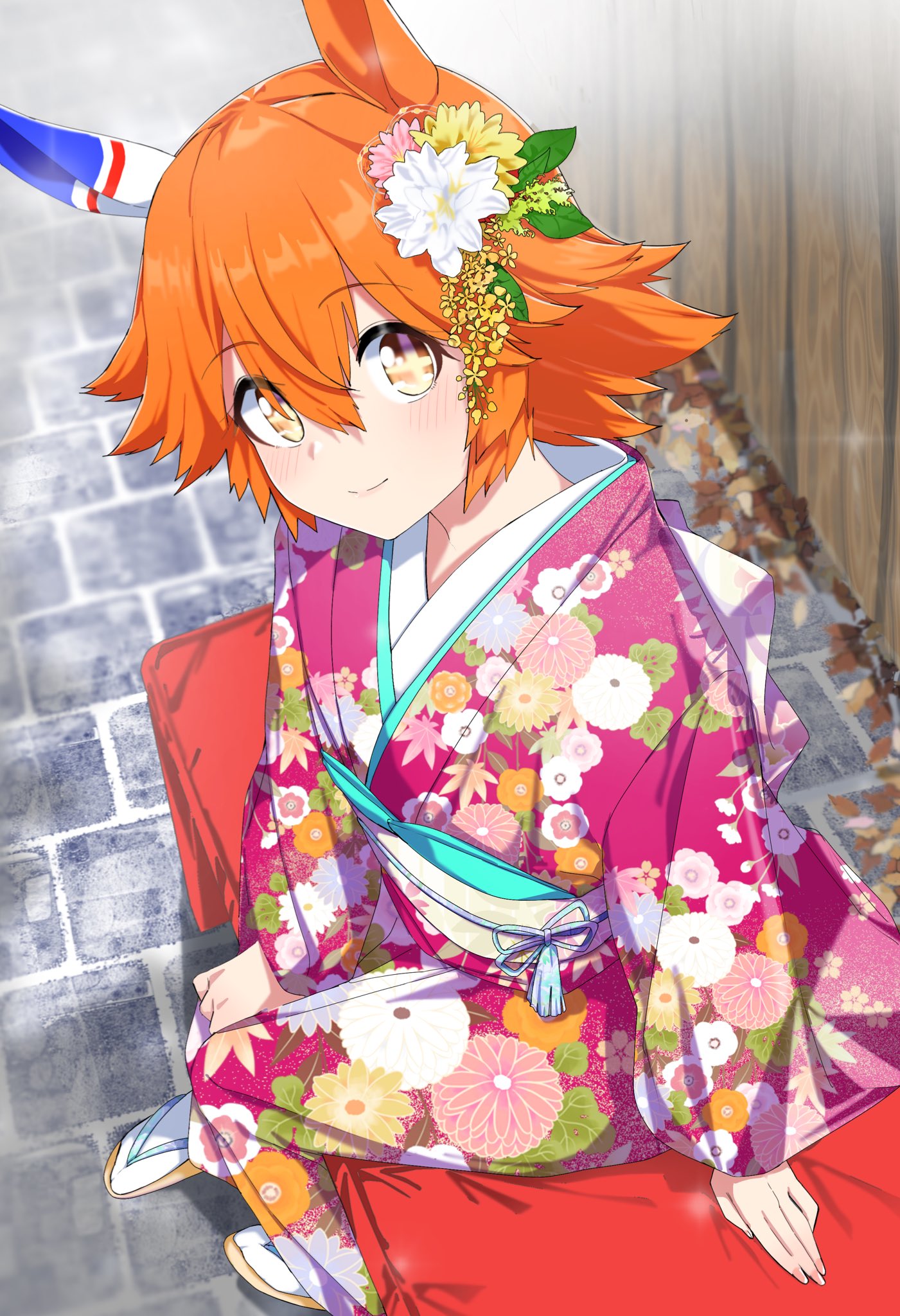 nerukichikatafukuma, matikanefukukitaru (umamusume), umamusume, commentary request, highres, + +, 1girl, animal ears, blush, ear covers, ear flower, flipped hair, floral print, floral print kimono, flower, hair between eyes, hair flower, hair ornament, horse ears, horse girl, japanese clothes, kimono, long sleeves, looking at viewer, orange hair, print kimono, purple kimono, sandals, short hair, single ear cover, sitting, smile, socks, solo, white socks