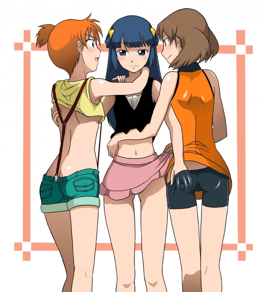 kakkii, haruka (pokemon), hikari (pokemon), kasumi (pokemon), nintendo, pokemon, ass grab, 3girls, ass, bike shorts, blue eyes, blue hair, blush, brown hair, butt crack, group sex, hand under clothes, long hair, midriff, multiple girls, naughty face, navel, orange hair, sex, shirt lift, short hair, side ponytail, skirt, skirt lift, suspenders, threesome, yuri