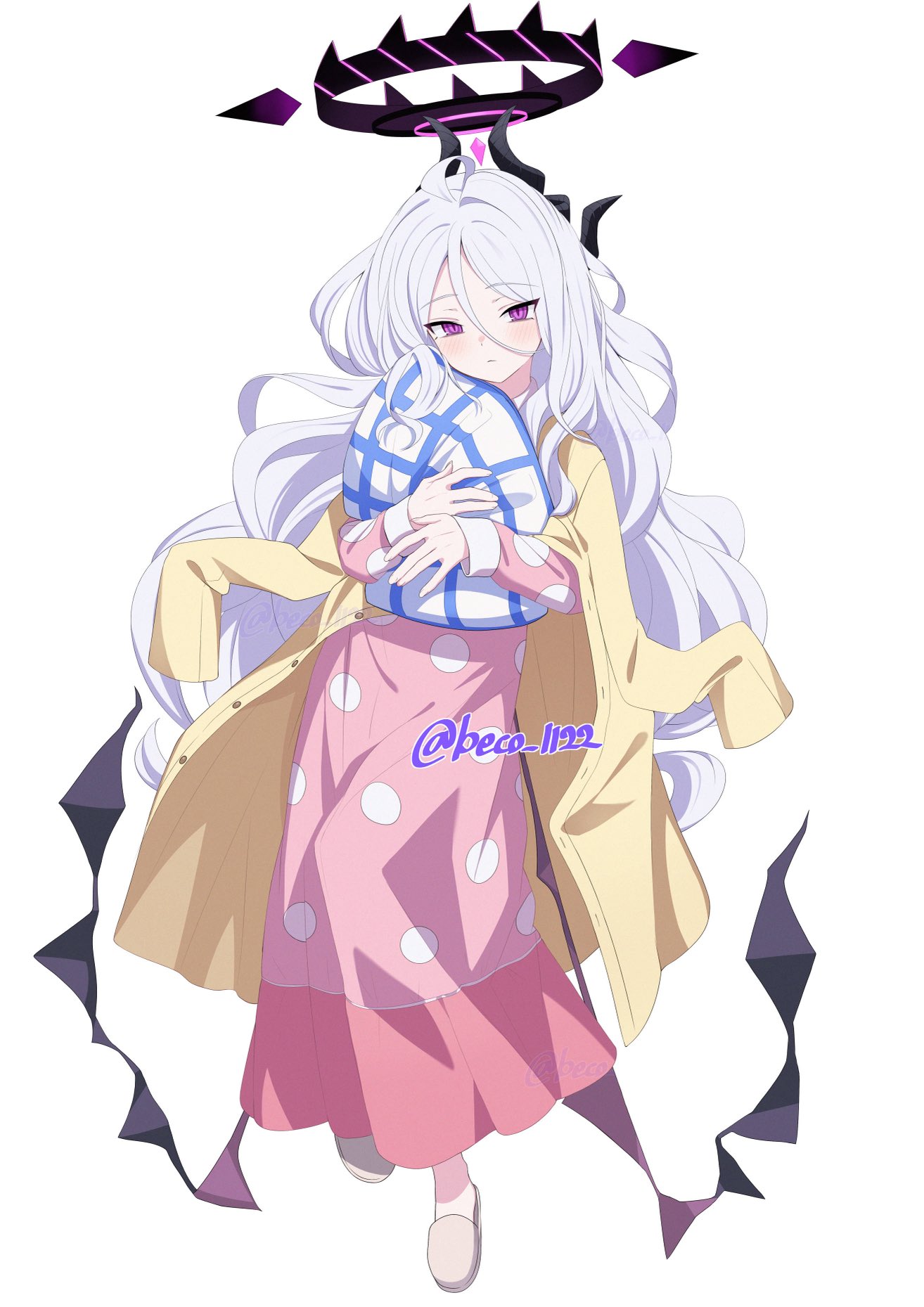 beko (beco 1122), hina (blue archive), hina (pajamas) (blue archive), blue archive, commentary request, highres, 1girl, ||/, ahoge, black horns, blush, cardigan, closed mouth, demon horns, demon wings, full body, hair between eyes, hair down, halo, horns, hugging object, long hair, long sleeves, low wings, multiple horns, official alternate costume, official alternate hairstyle, open cardigan, open clothes, pajamas, parted bangs, pillow, pillow hug, polka dot, polka dot pajamas, purple eyes, simple background, slippers, solo, twitter username, white background, white hair, wings, yellow cardigan