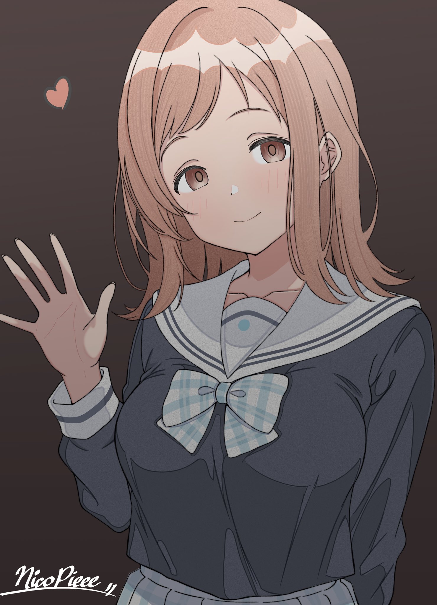 sakuragi mano, idolmaster, idolmaster shiny colors, commentary, highres, symbol-only commentary, 1girl, artist name, black shirt, breasts, brown background, brown eyes, brown hair, closed mouth, empty eyes, hand up, heart, large breasts, light blush, long sleeves, looking at viewer, medium hair, nicopieee, sailor collar, shirt, smile, solo, upper body, waving, white sailor collar