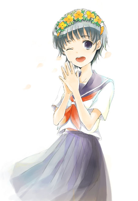 mamii, uiharu kazari, toaru kagaku no railgun, toaru majutsu no index, 00s, 1girl, black hair, blue eyes, female focus, flower, hair flower, hair ornament, head wreath, one eye closed, school uniform, serafuku, short hair, skirt, smile, solo, white background, wink