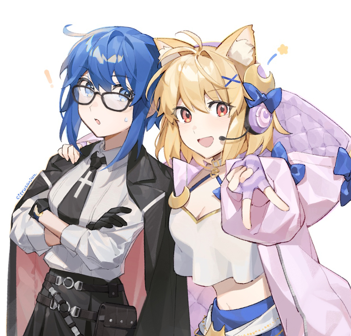 citrusarjun, arcueid brunestud, ciel-sensei (fate), ciel (tsukihime), phantas-moon, phantas-moon (second ascension), fate/grand order, fate (series), tsukihime, tsukihime (remake), c.i.e.l (fate), commentary request, revision, 2girls, ahoge, animal ear fluff, animal ears, belt, black gloves, black jacket, black skirt, blonde hair, blue eyes, blue hair, blue skirt, blush, bow, breasts, camisole, cat ears, choker, cleavage, collared shirt, crescent, crescent hair ornament, crop top, crop top overhang, fingerless gloves, glasses, gloves, hair ornament, headphones, hood, hooded jacket, jacket, jacket on shoulders, large breasts, long sleeves, looking at viewer, multiple girls, navel, necktie, open mouth, pink jacket, purple gloves, red eyes, shirt, short hair, skirt, sleeves rolled up, smile, star (symbol), striped clothes, striped gloves, white camisole, white shirt