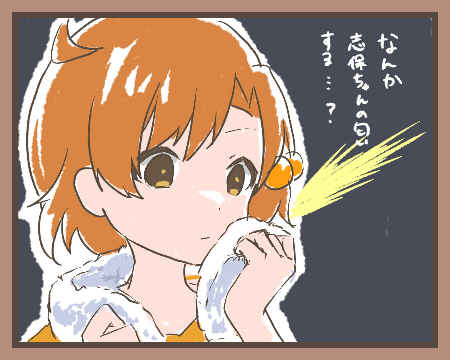 nonano73, yabuki kana, idolmaster, idolmaster million live!, commentary request, highres, translation request, 1girl, border, brown border, brown eyes, closed mouth, empty eyes, hair bobbles, hair ornament, holding, holding towel, orange hair, portrait, short hair, solo, towel, towel around neck