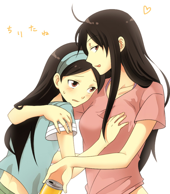 milcho, kitsu chiri, kitsu tane, sayonara zetsubou sensei, translated, 00s, 2girls, ahoge, artistic error, black hair, blush, breasts, can, embarrassed, grabbing another's breast, groping, hairband, heart, hug, large breasts, licking lips, long hair, looking back, looking up, multiple girls, parted bangs, siblings, sisters, sweat, tongue, tongue out