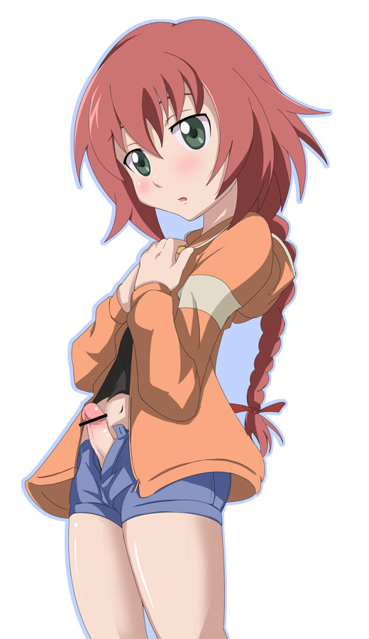 okoge, suou pavlichenko, darker than black, bad id, bad pixiv id, 00s, 1futa, blush, braid, censored, denim, denim shorts, futanari, green eyes, long hair, navel, penis, ponytail, shorts, single braid, solo, unzipped