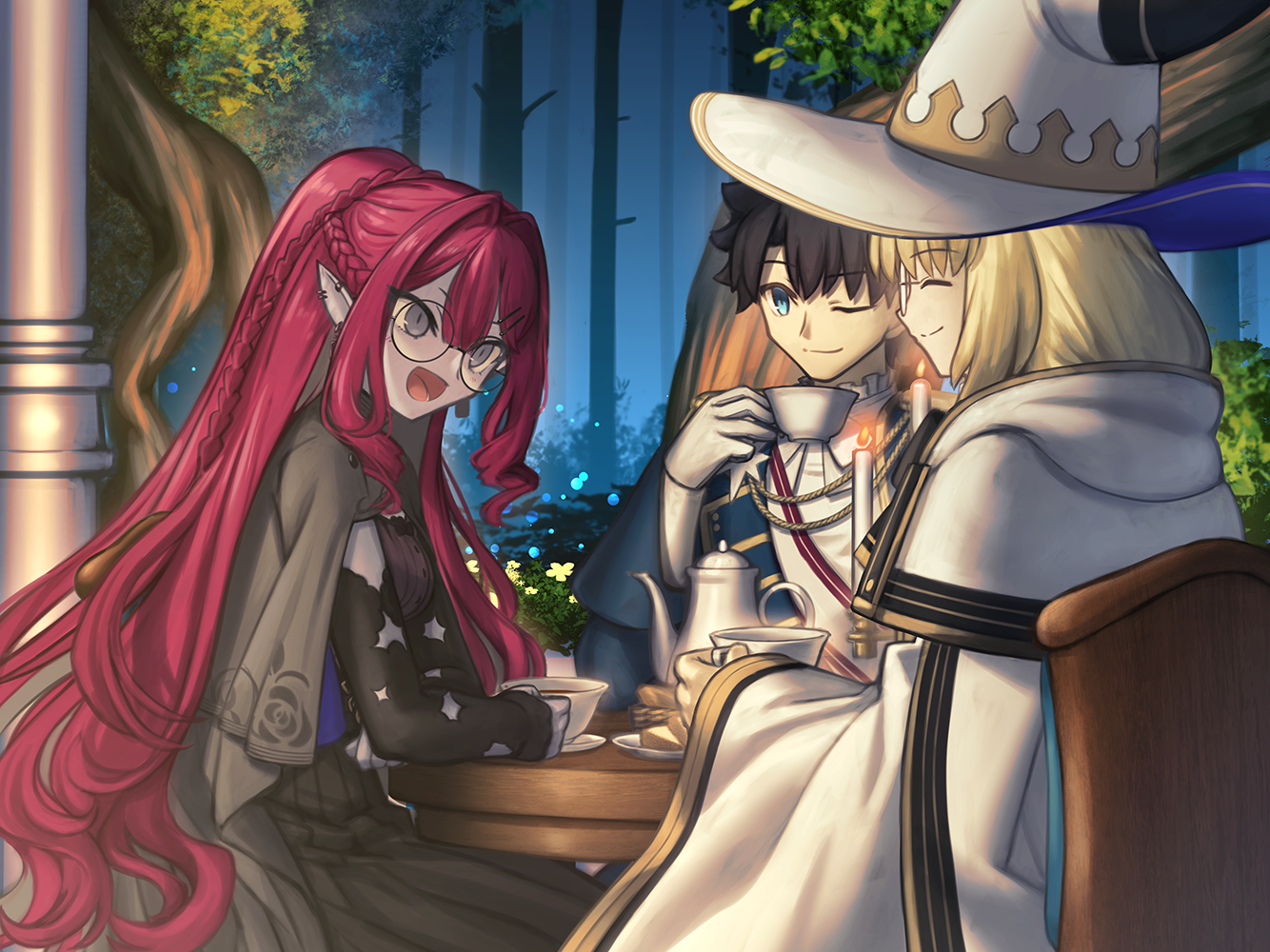 shoori (migiha), aesc (fate), aesc (rain witch) (fate), baobhan sith (fate), baobhan sith (swimsuit pretender) (second ascension) (fate), fujimaru ritsuka (male), fujimaru ritsuka (male) (halloween royalty), fate/grand order, fate (series), commentary request, revision, 1boy, 2girls, black hair, black skirt, blonde hair, blue eyes, breasts, capelet, closed eyes, cup, detached sleeves, ear piercing, glasses, gloves, grey capelet, grey eyes, hat, long hair, mother and daughter, multiple girls, one eye closed, open mouth, piercing, pink hair, pointy ears, purple shirt, robe, round eyewear, shirt, short hair, sidelocks, sitting, skirt, smile, table, tea set, teacup, white gloves, white robe, wide sleeves, witch hat