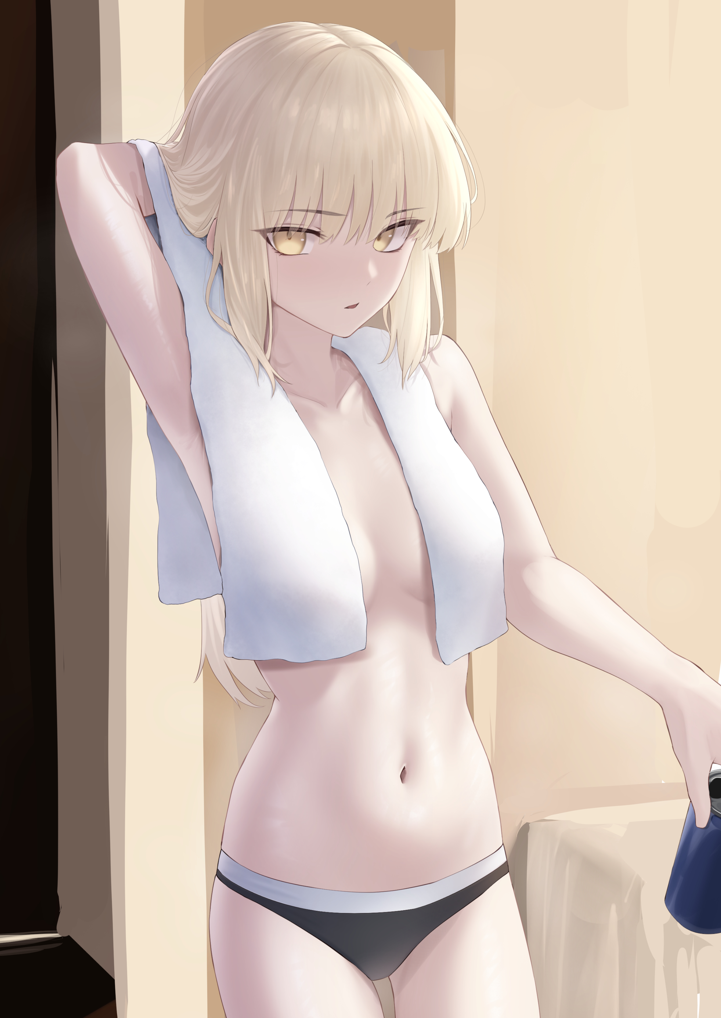 okuma707, artoria pendragon (fate), saber alter, fate/grand order, fate (series), absurdres, commentary request, highres, 1girl, bare shoulders, black panties, blonde hair, breasts, can, cowboy shot, drink can, long hair, looking at viewer, medium breasts, navel, panties, sidelocks, solo, thighs, towel, towel around neck, underwear, yellow eyes