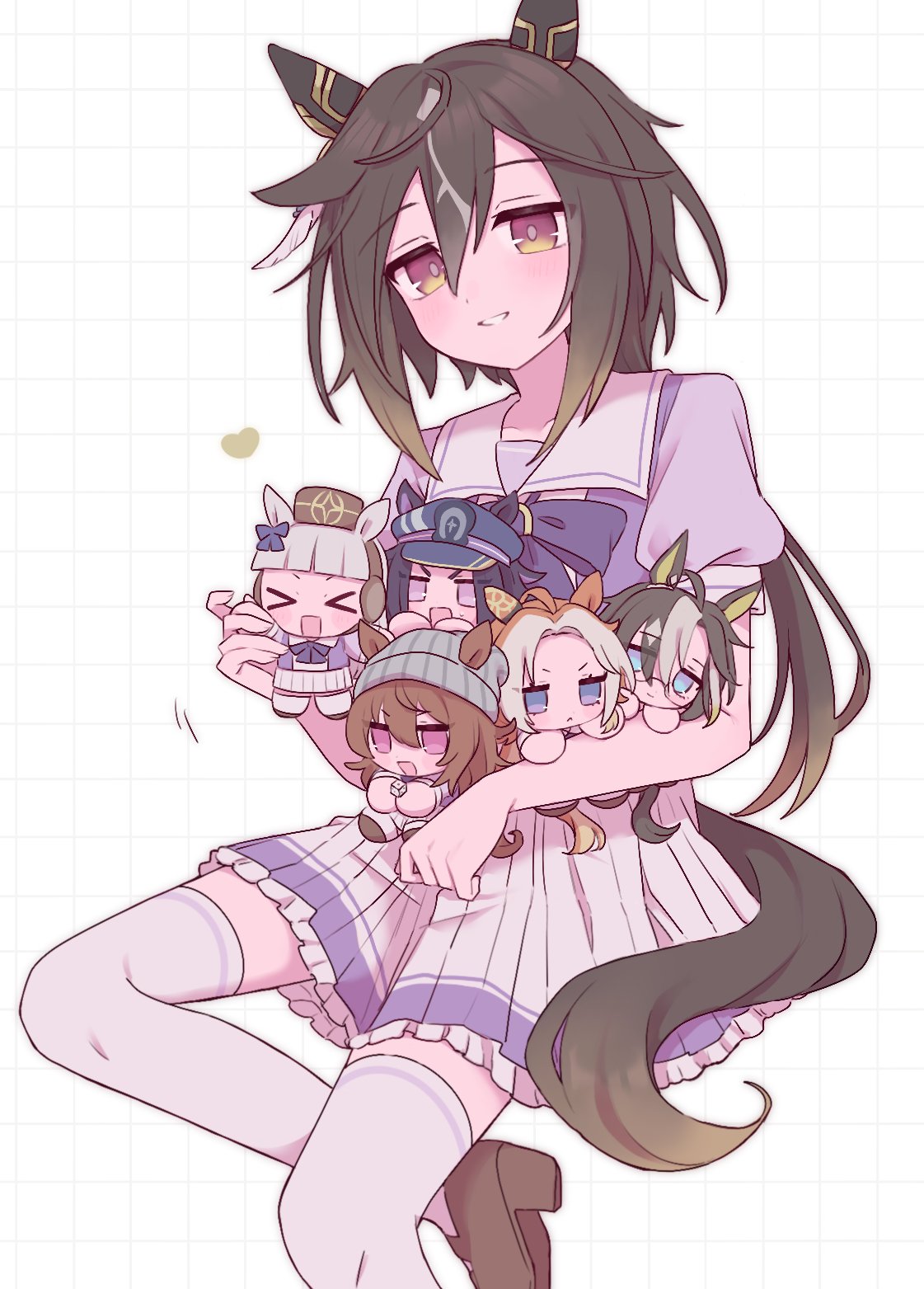 rsusk189, dream journey (umamusume), fenomeno (umamusume), gold ship (umamusume), nakayama festa (umamusume), orfevre (umamusume), stay gold (umamusume), umamusume, commentary request, highres, > <, 6+girls, ahoge, animal ears, beanie, black hair, blue eyes, blunt bangs, blush, bow, bowtie, brown eyes, brown hair, brown hat, closed eyes, closed mouth, dice, dice necklace, ear covers, ear ribbon, ears through headwear, flipped hair, glasses, grey hair, grey hat, hair between eyes, hat, heart, holding, horse ears, horse girl, horse tail, jewelry, long hair, looking at viewer, multicolored hair, multiple girls, necklace, open mouth, orange hair, peaked cap, pillbox hat, pleated skirt, puffy short sleeves, puffy sleeves, purple bow, purple bowtie, purple eyes, purple hair, purple shirt, sailor collar, sailor shirt, school uniform, shirt, short sleeves, single ear cover, skirt, smile, stay gold clan (umamusume), streaked hair, tail, thighhighs, tracen school uniform, two-tone hair, white hair, white sailor collar, white skirt, white thighhighs