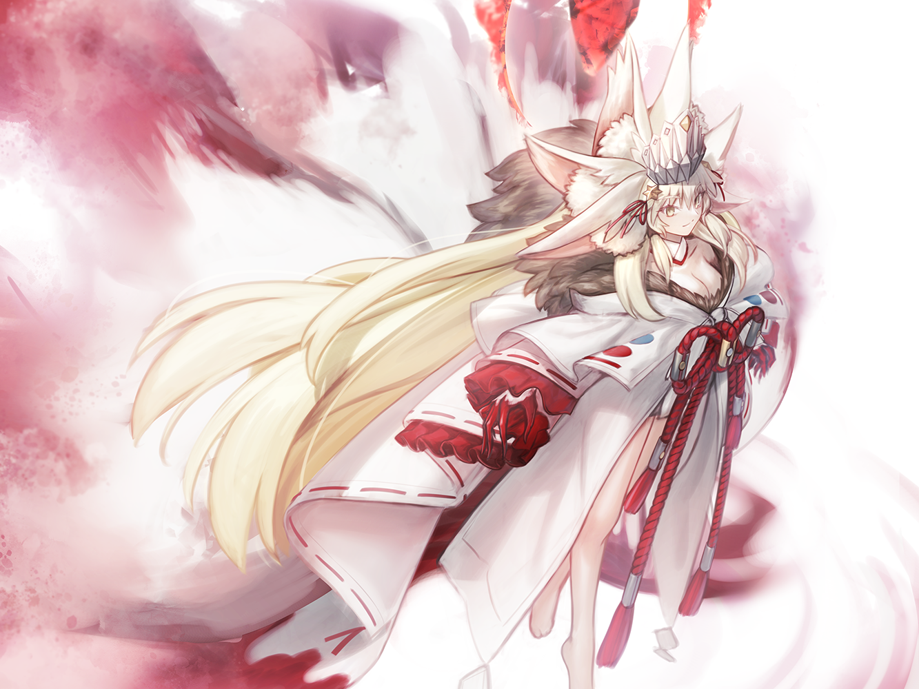 shoori (migiha), koyanskaya (fate), koyanskaya (lostbelt beast:iv) (fate), fate/grand order, fate (series), commentary request, revision, 1girl, animal ear fluff, animal ears, blonde hair, breasts, cleavage, extra ears, fox ears, fox girl, fox tail, fur-trimmed kimono, fur trim, hair between eyes, hair over face, headpiece, japanese clothes, kimono, large breasts, long hair, multiple animal ears, multiple tails, rope, sash, smile, solo, tail, takeuchi takashi (style), very long hair, white kimono, wide sleeves, yellow eyes