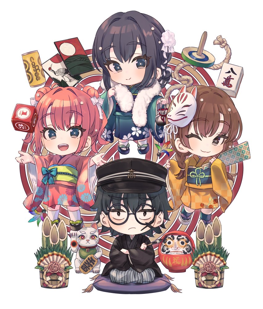 ponkan 8, hikigaya hachiman, isshiki iroha, yuigahama yui, yukinoshita yukino, yahari ore no seishun lovecome wa machigatteiru., commentary request, 1boy, 3girls, alternate costume, aqua kimono, bamboo, black hair, blue eyes, brown eyes, brown hair, can, canned coffee, chibi, closed mouth, double bun, drink can, fox mask, full body, hair bun, hair intakes, hair ornament, hakama, hakama skirt, hat, japanese clothes, kimono, kneeling, long sleeves, looking at viewer, maneki-neko, mask, multiple girls, obi, official artist extra, one eye closed, open mouth, peaked cap, pink hair, postcard, print kimono, sash, short hair, simple background, skirt, smile, white background, wide sleeves, yellow kimono