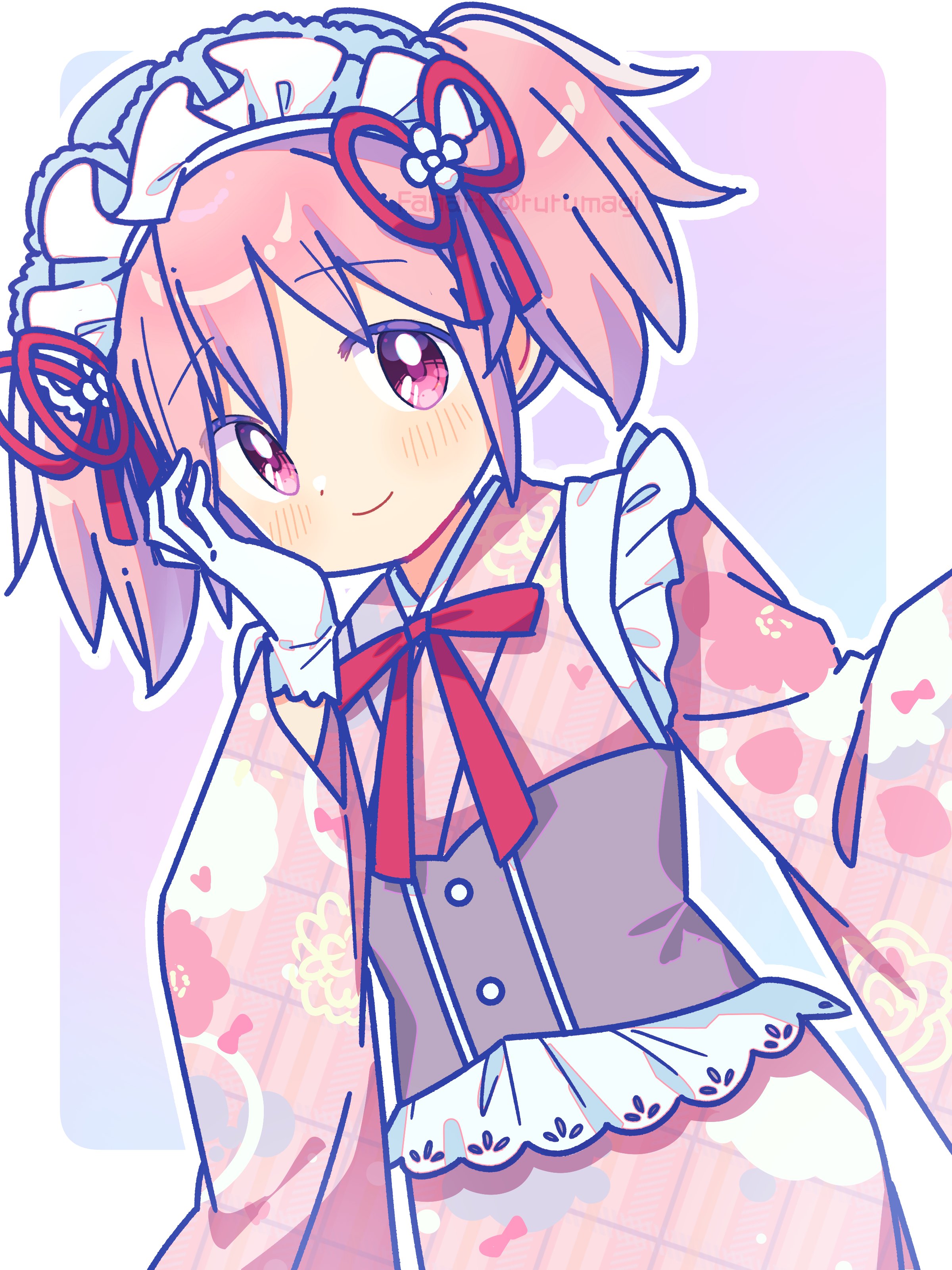 ruru (rurumagi), kaname madoka, mahou shoujo madoka magica, mahou shoujo madoka magica (anime), absurdres, commentary, highres, 1girl, blush, border, bow, bowtie, bright pupils, closed mouth, cowboy shot, dot nose, gloves, hair ribbon, japanese clothes, kimono, long sleeves, looking at viewer, maid headdress, outline, outside border, pink hair, pink kimono, red bow, red bowtie, red eyes, red ribbon, ribbon, short hair, short twintails, smile, solo, twintails, white border, white gloves, white outline, white pupils, wide sleeves