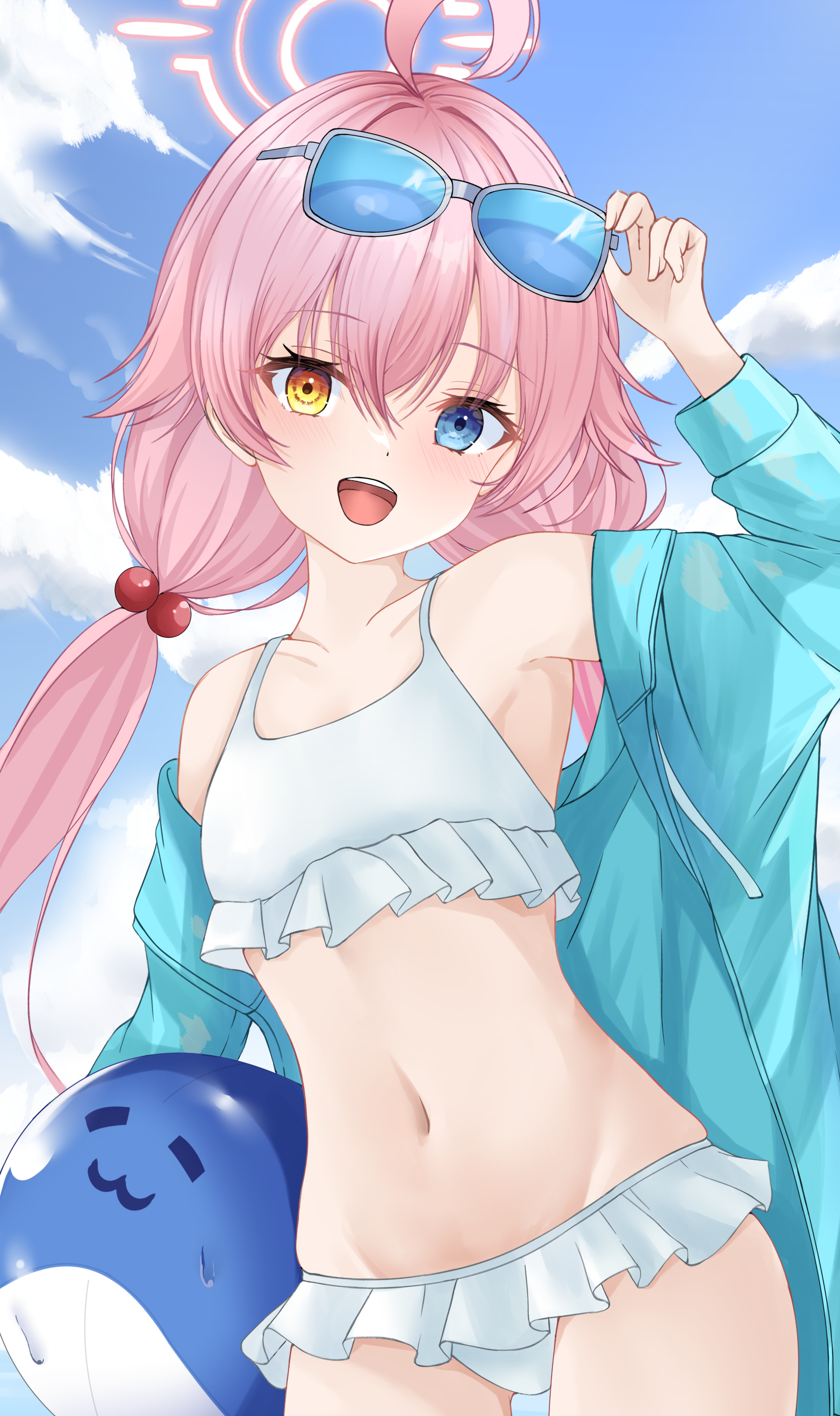 hoshino (blue archive), hoshino (swimsuit) (blue archive), blue archive, absurdres, commentary request, highres, 1girl, :d, adjusting eyewear, ahoge, arm up, bare shoulders, bikini, blue-tinted eyewear, blue eyes, blue jacket, blue sky, blush, cloud, collarbone, cowboy shot, day, eyelashes, eyewear on head, flat chest, frilled bikini, frills, groin, hair between eyes, hair bobbles, hair ornament, halo, happy, heterochromia, inflatable dolphin, inflatable toy, jacket, kurota kuroki, long hair, looking at viewer, low twintails, navel, official alternate costume, official alternate hairstyle, open clothes, open jacket, open mouth, outdoors, pink hair, pink halo, sky, smile, solo, stomach, sunglasses, swimsuit, teeth, tinted eyewear, twintails, upper teeth only, very long hair, white-framed eyewear, white bikini, yellow eyes