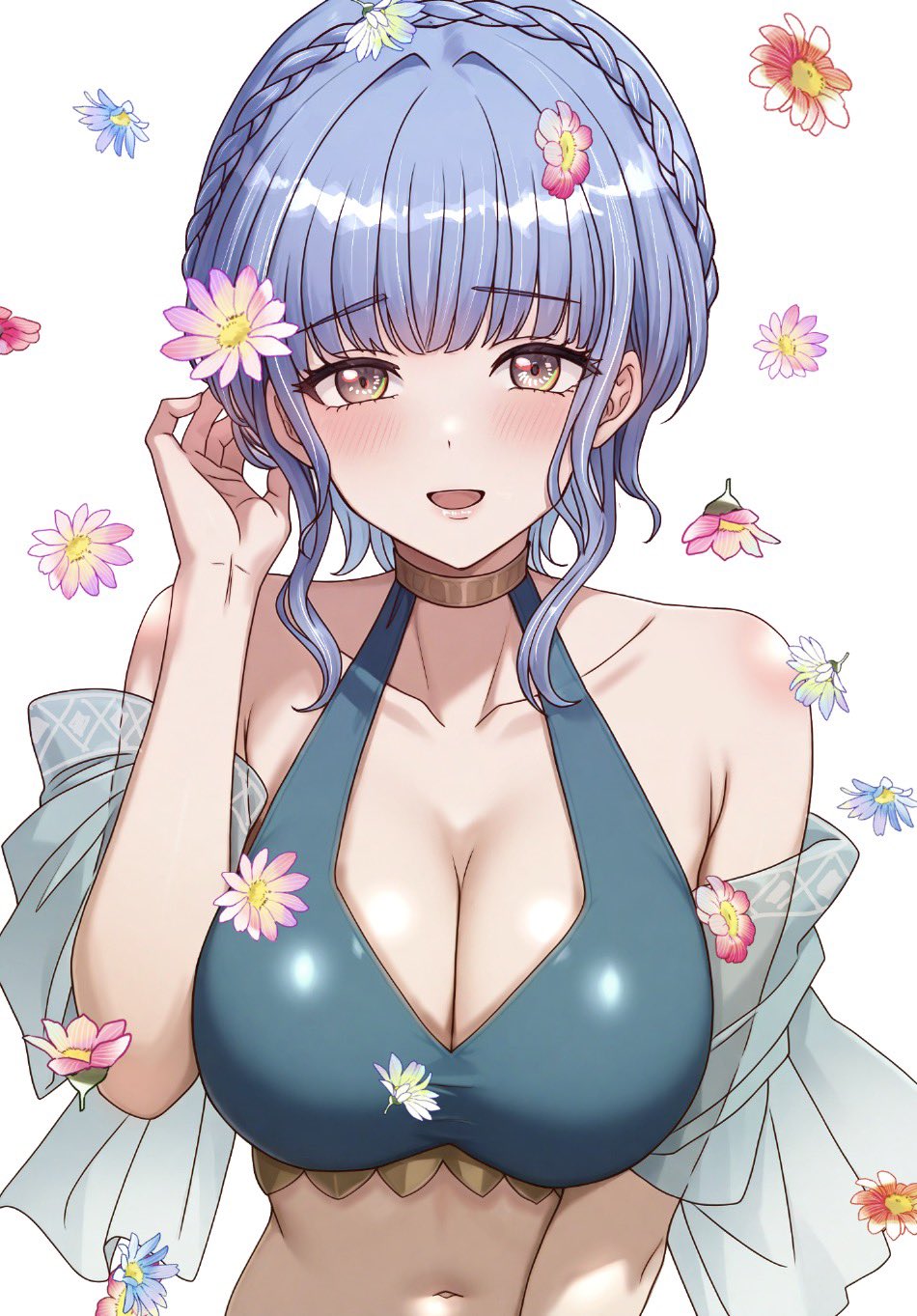 marianne von edmund, marianne von edmund (summer), fire emblem, fire emblem: three houses, fire emblem heroes, nintendo, commentary request, highres, 1girl, :d, adjusting hair, bare arms, bare shoulders, bikini, blue bikini, blue hair, braid, breasts, brown eyes, cleavage, collarbone, crown braid, hand up, large breasts, looking at viewer, navel, official alternate costume, ootuk, open mouth, smile, solo, stomach, swimsuit, upper body, white background