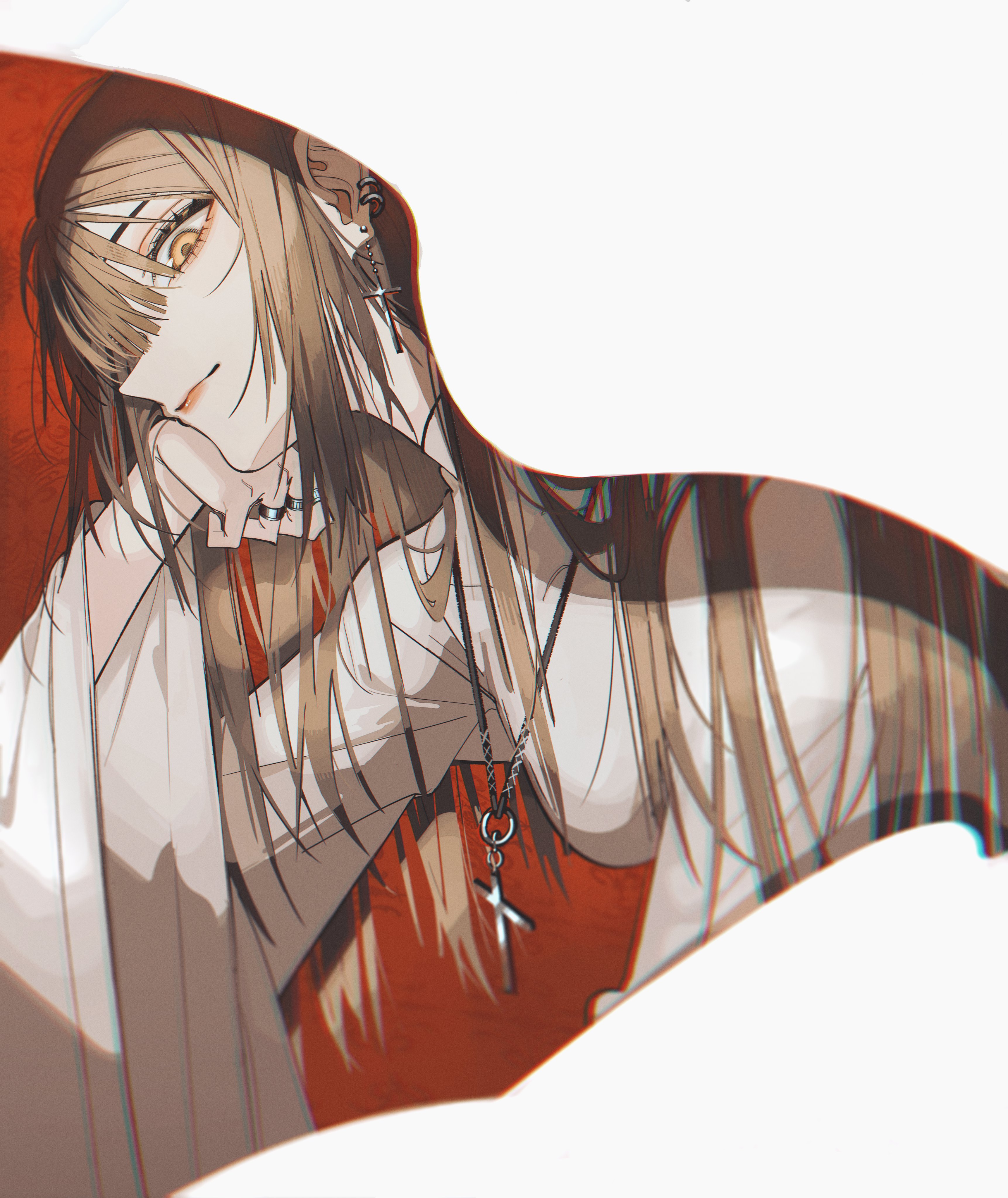 noubin, original, absurdres, commentary, english commentary, highres, 1girl, arms up, bandaged arm, bandages, brown eyes, brown hair, chromatic aberration, closed mouth, cross, cross earrings, cross necklace, dress, earclip, earrings, jewelry, long hair, long sleeves, looking at viewer, necklace, ring, solo, very long hair, white dress, wide sleeves, wispy bangs