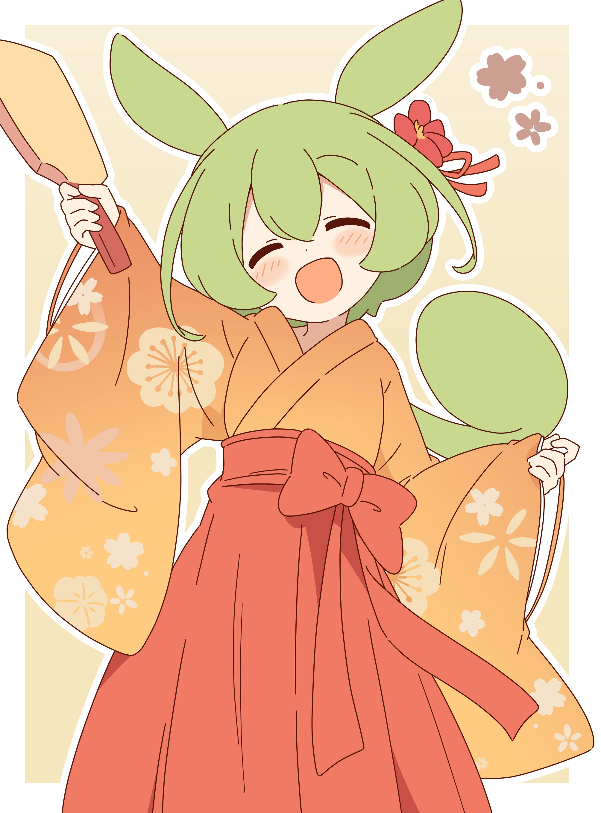 zungurimukkuri tarou, zundamon, voicevox, absurdres, commentary request, highres, 1girl, :d, animal ears, blush stickers, border, closed eyes, cowboy shot, dot nose, double-parted bangs, flower, furisode, green hair, hair flower, hair ornament, hair ribbon, hakama, hakama skirt, japanese clothes, kimono, long hair, long sleeves, new year, open mouth, orange kimono, outline, outside border, red flower, red hakama, red ribbon, ribbon, simple background, skirt, smile, solo, white border, white outline, wide sleeves, yellow background