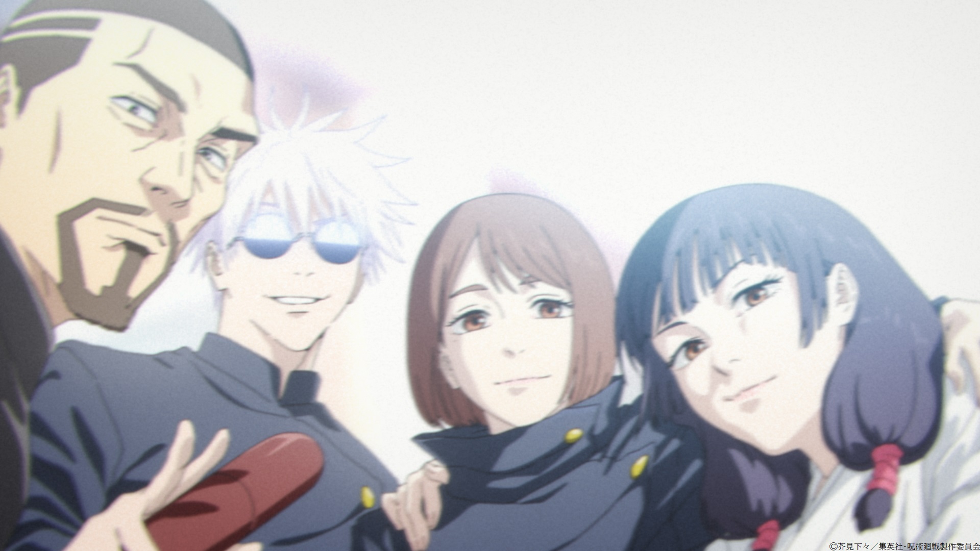 gojou satoru, ieiri shoko, iori utahime, yaga masamichi, jujutsu kaisen, commentary request, highres, official art, 2boys, 2girls, aged down, beard, black hair, black jacket, black pantyhose, black shirt, black shoes, brown eyes, brown hair, cherry blossoms, copyright notice, diploma, diploma tube, facial hair, film grain, gate, hand in another, hand in pocket, hand up, holding, holding diploma, jacket, japanese clothes, jujutsu tech uniform, kimono, looking at viewer, medium hair, multiple boys, multiple girls, pantyhose, pencil skirt, round eyewear, shirt, shoes, short hair, skirt, smile, standing, studio mappa, teethh, tinted eyewear, v, white hair, white kimono