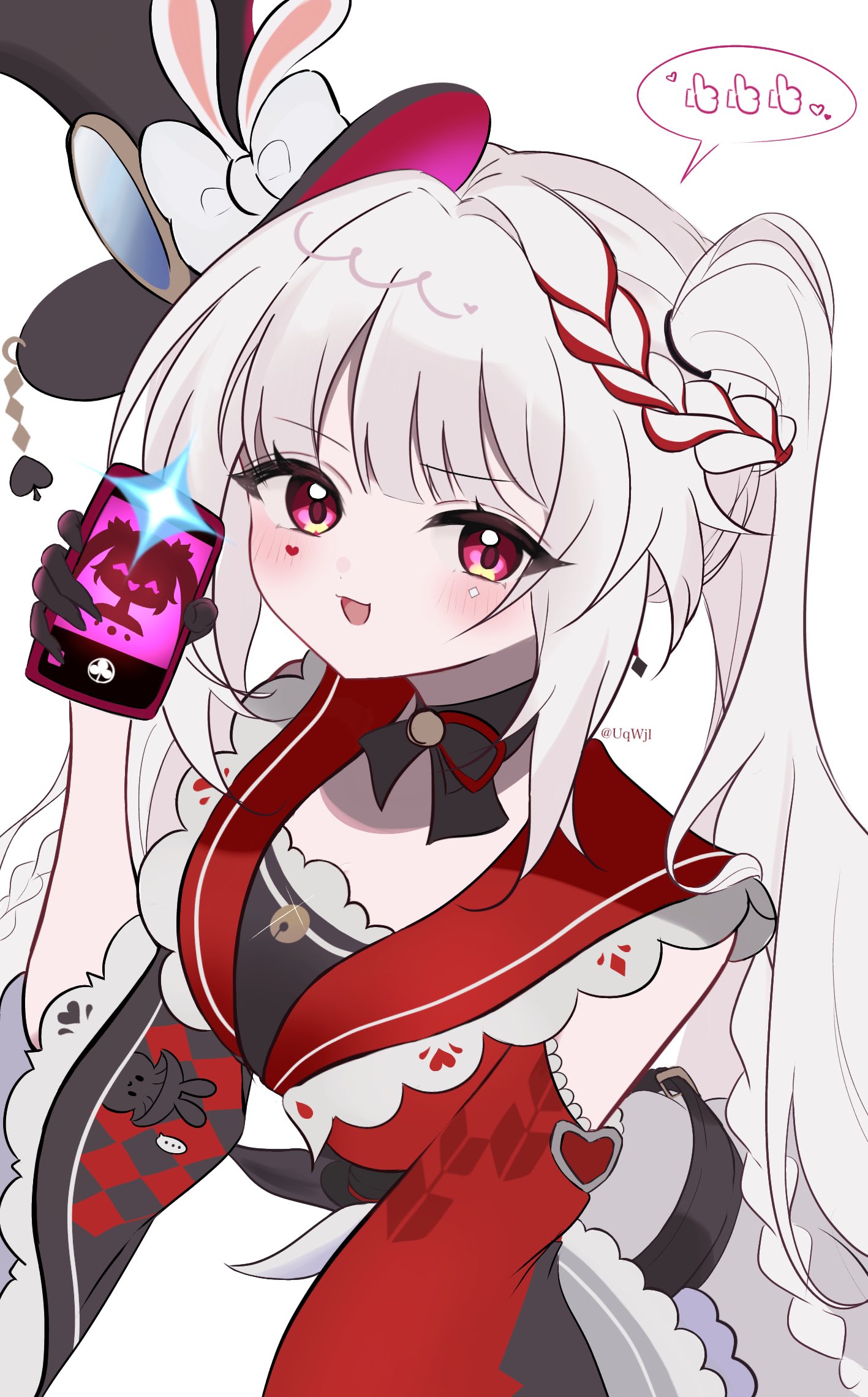 shino (uqwjl), sparkle (honkai: star rail), sparxie (honkai: star rail), honkai: star rail, honkai (series), commentary request, highres, 1girl, black gloves, bow, braid, butterfly-shaped pupils, choker, clothing cutout, dress, facial mark, gloves, hat, holding, holding phone, phone, red eyes, red streaks, shoulder cutout, side braid, symbol-shaped pupils, twintails, white hair