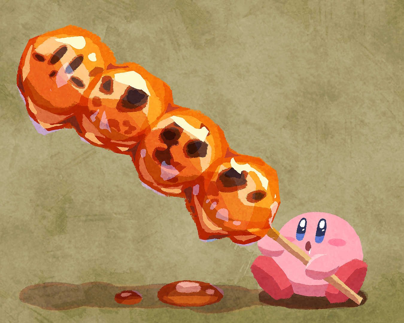 miclot, kirby, kirby (series), nintendo, commentary, blue eyes, blush stickers, brown background, dango, drooling, food, food focus, holding, holding food, mitarashi dango, no humans, open mouth, simple background, sitting, solo, wagashi