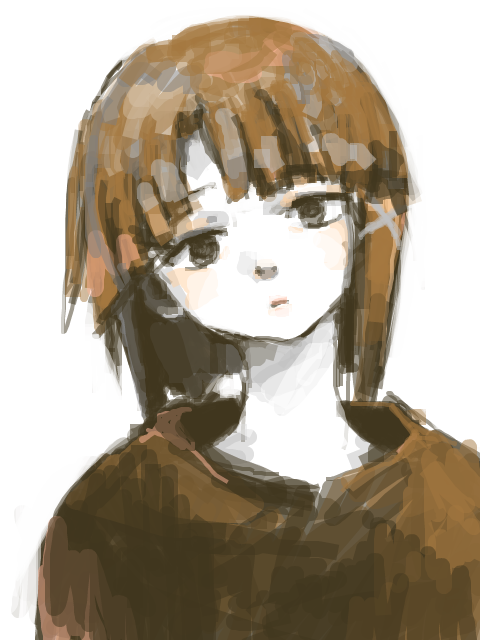 shiino, iwakura lain, serial experiments lain, 1990s (style), 1girl, blunt bangs, brown eyes, cloak, female focus, head tilt, looking at viewer, monochrome, retro artstyle, sad, solo, upper body, white background