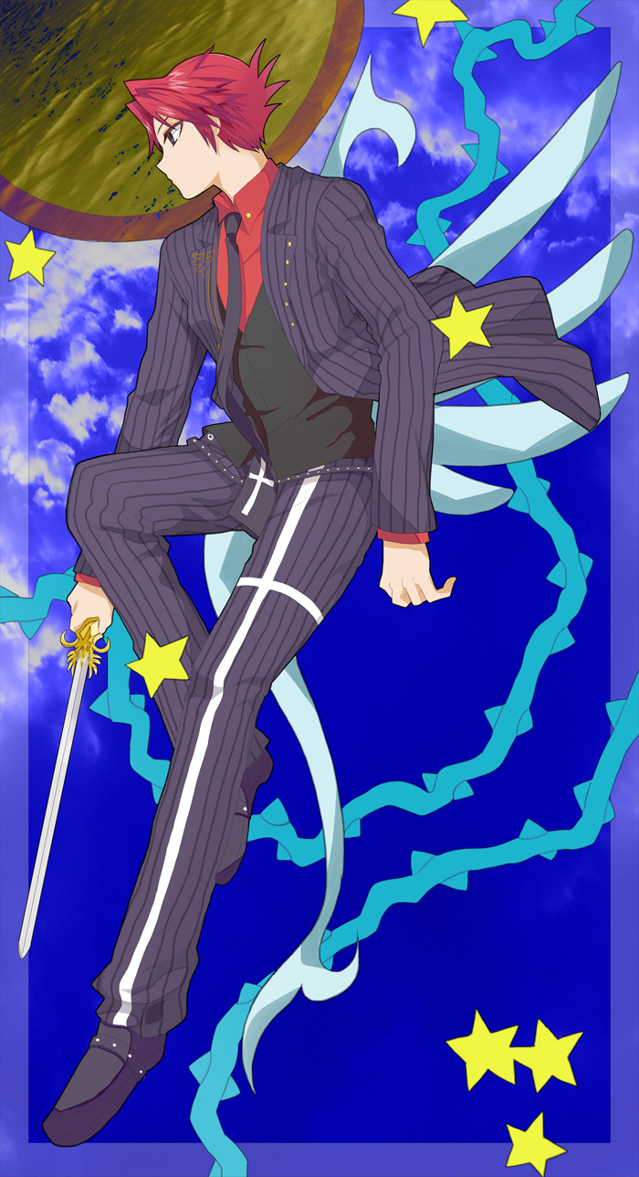 tiihatanono, ushiromiya battler, umineko no naku koro ni, bad id, bad pixiv id, highres, 00s, 1boy, formal clothes, male focus, pinstripe pattern, pinstripe suit, pinstriped suit, profile, solo, suit