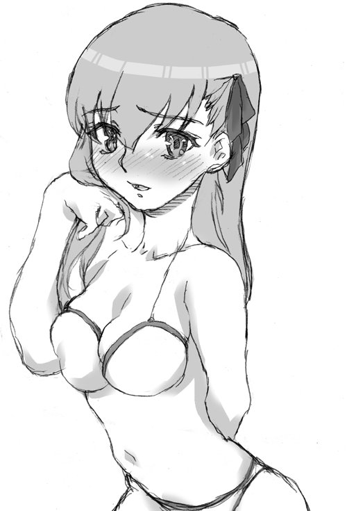 urabe katsuto, matou sakura, fate/stay night, fate (series), 00s, 1girl, bikini, blush, breasts, cleavage, female focus, greyscale, large breasts, long hair, monochrome, solo, swimsuit