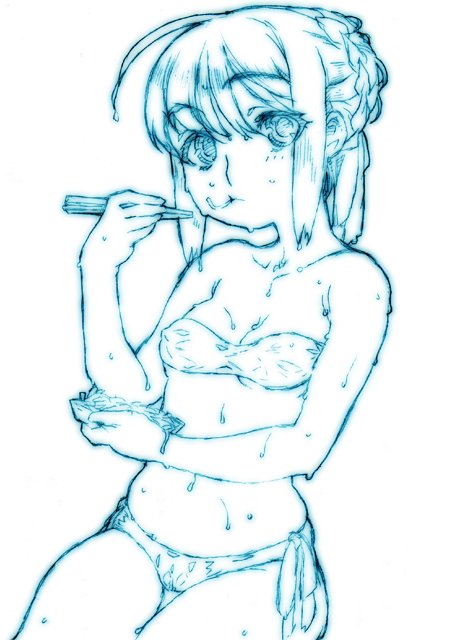 urabe katsuto, artoria pendragon (fate), saber (fate), fate/stay night, fate (series), 00s, 1girl, bikini, blue theme, chopsticks, eating, female focus, food, monochrome, side-tie bikini bottom, solo, swimsuit, wet