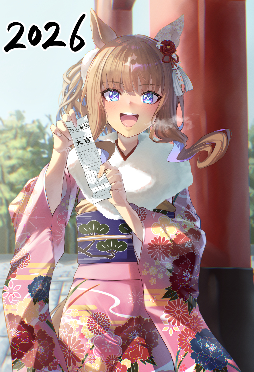 beruu, almond eye (umamusume), umamusume, commentary request, highres, + +, 1girl, 2026, animal ears, blue eyes, blush, breasts, brown hair, colored inner hair, ear flower, earrings, fur-trimmed kimono, fur trim, hair between eyes, hair ornament, holding omikuji, horse ears, horse girl, horse tail, japanese clothes, jewelry, kimono, long hair, looking at viewer, multicolored hair, omikuji, open mouth, outdoors, pink kimono, sash, single earring, smile, solo, symbol-shaped pupils, tail, torii, x-shaped pupils