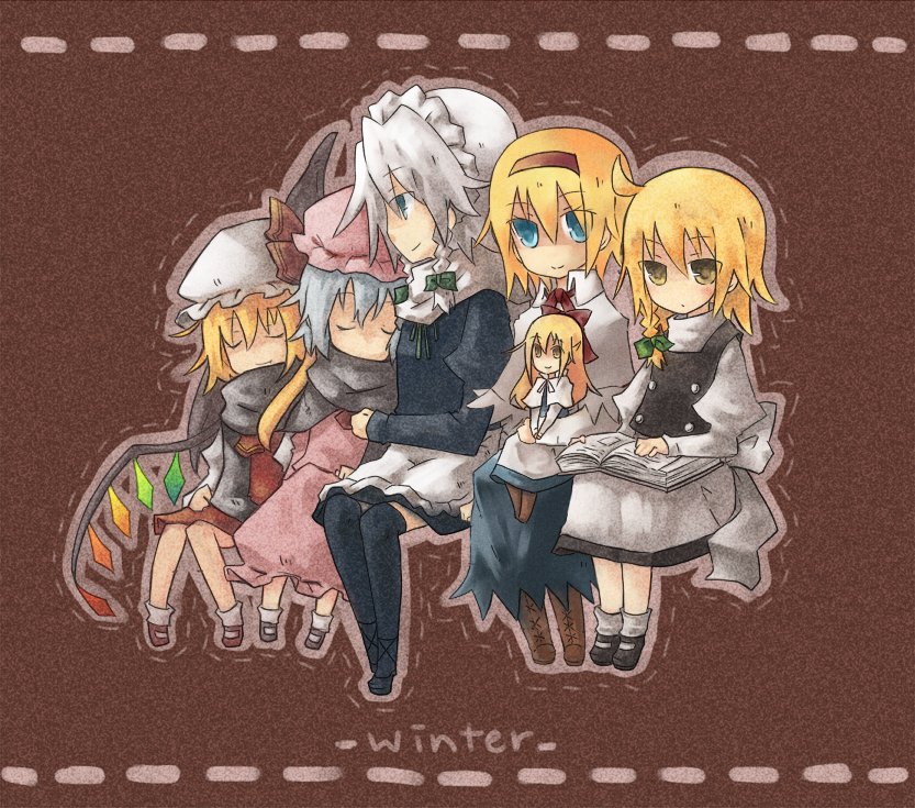 kusano (pixiv), alice margatroid, flandre scarlet, izayoi sakuya, kirisame marisa, remilia scarlet, shanghai doll, perfect cherry blossom, touhou, bad id, bad pixiv id, 5girls, blonde hair, book, female focus, hat, multiple girls, ribbon, scarf, short hair, sleeping, thighhighs