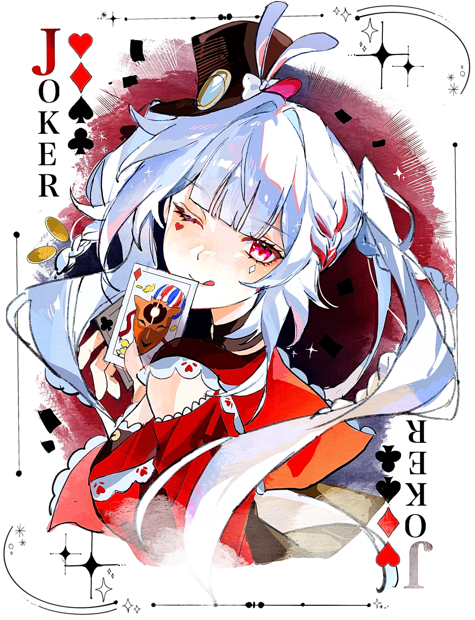 sparkle (honkai: star rail), sparxie (honkai: star rail), honkai: star rail, honkai (series), commentary, highres, 1girl, animal ears, braid, breasts, card, clothing cutout, diamond (shape), diamond facial mark, english text, facial mark, hat, hat ornament, heart, heart facial mark, one eye closed, pink eyes, rabbit ears, red streaks, shoulder cutout, side braid, twintails, upper body, white hair, yayu yyo430