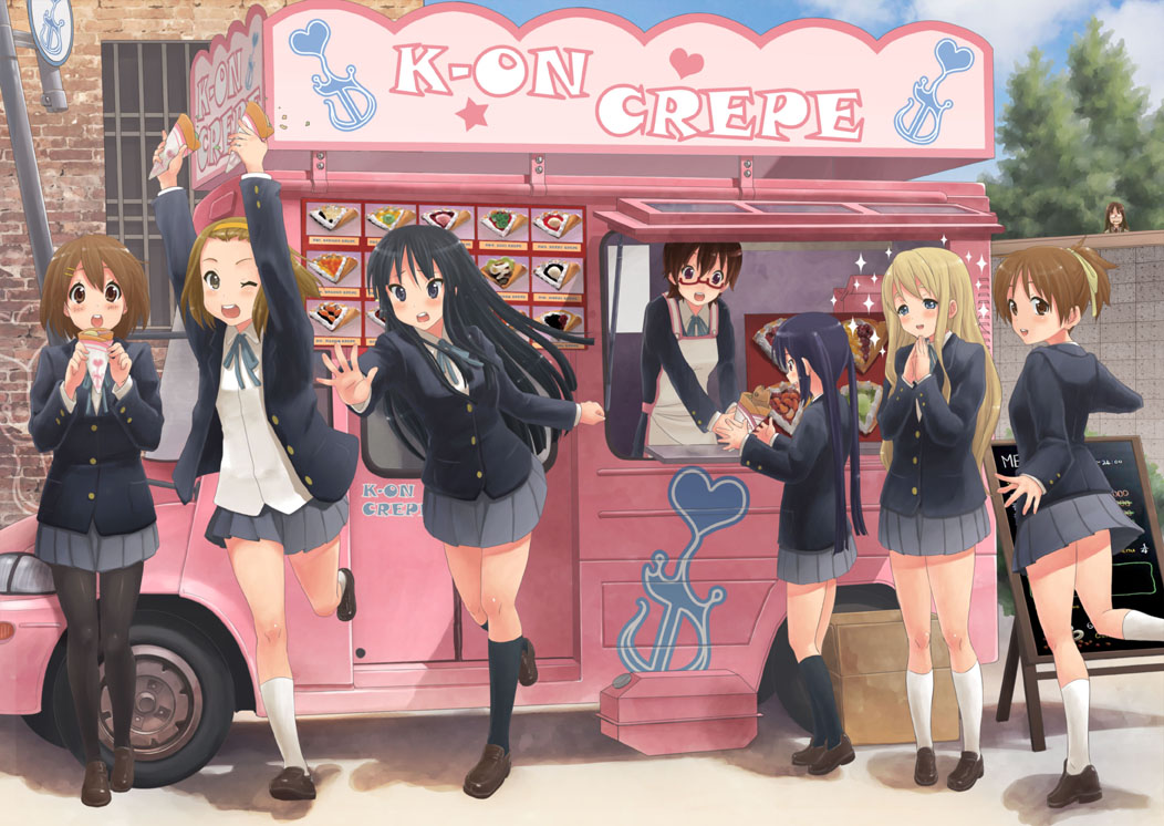 cloverpeia, akiyama mio, hirasawa ui, hirasawa yui, kotobuki tsumugi, manabe nodoka, nakano azusa, tainaka ritsu, yamanaka sawako, k-on!, vehicle, 00s, 6+girls, blazer, crepe, food, ho-kago tea time, jacket, kneehighs, loafers, motor vehicle, multiple girls, pantyhose, school uniform, shoes, socks, sparkle, van