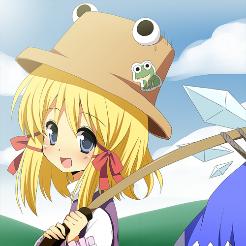moorina, cirno, moriya suwako, pyonta, touhou, bad id, bad pixiv id, lowres, 2girls, blonde hair, bound, carrying, frog, hat, looking at viewer, multiple girls, open mouth, ribbon, rope, smile, sticker, tied up (nonsexual), wings
