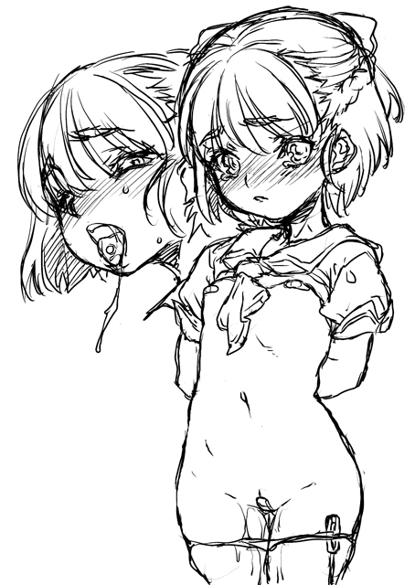 urabe katsuto, copyright request, 1girl, bandaid, bandaid on pussy, bandaids on nipples, blush, clothes lift, greyscale, loli, monochrome, panties, panty pull, pasties, pussy juice, sex toy, shirt lift, short hair, tears, underwear, vibrator