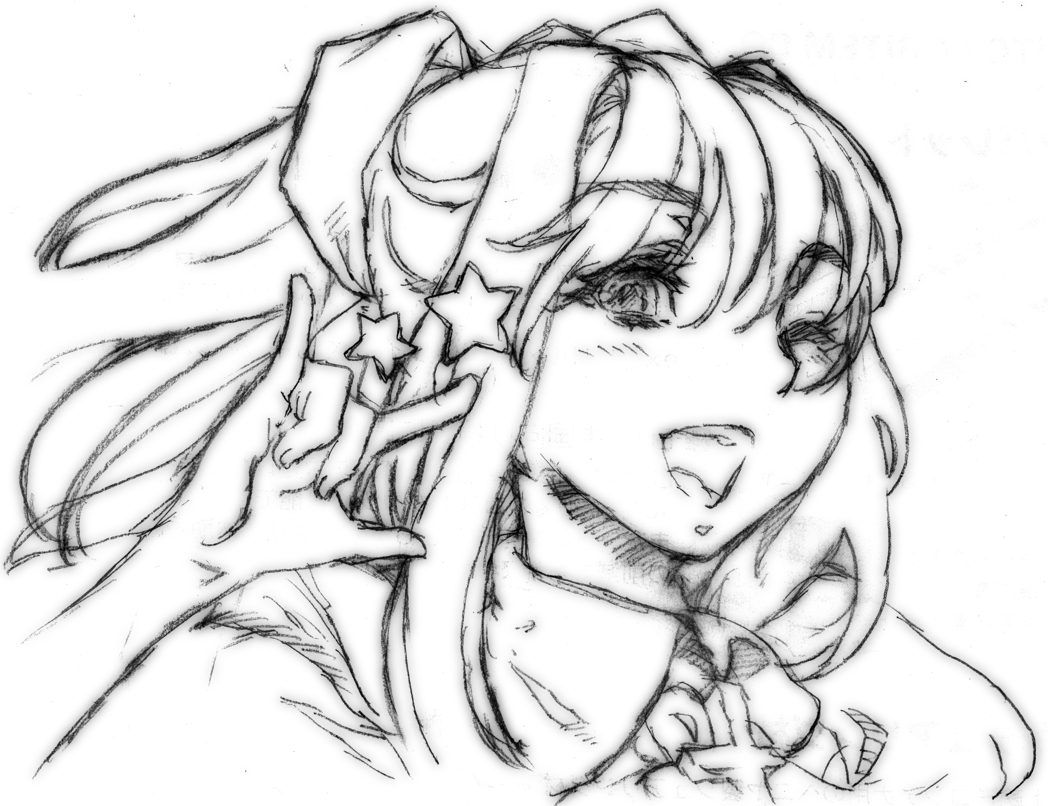 urabe katsuto, kamio misuzu, air (visual novel), 00s, 1girl, blush, female focus, greyscale, long hair, m/, monochrome, one eye closed, sketch, solo, wink