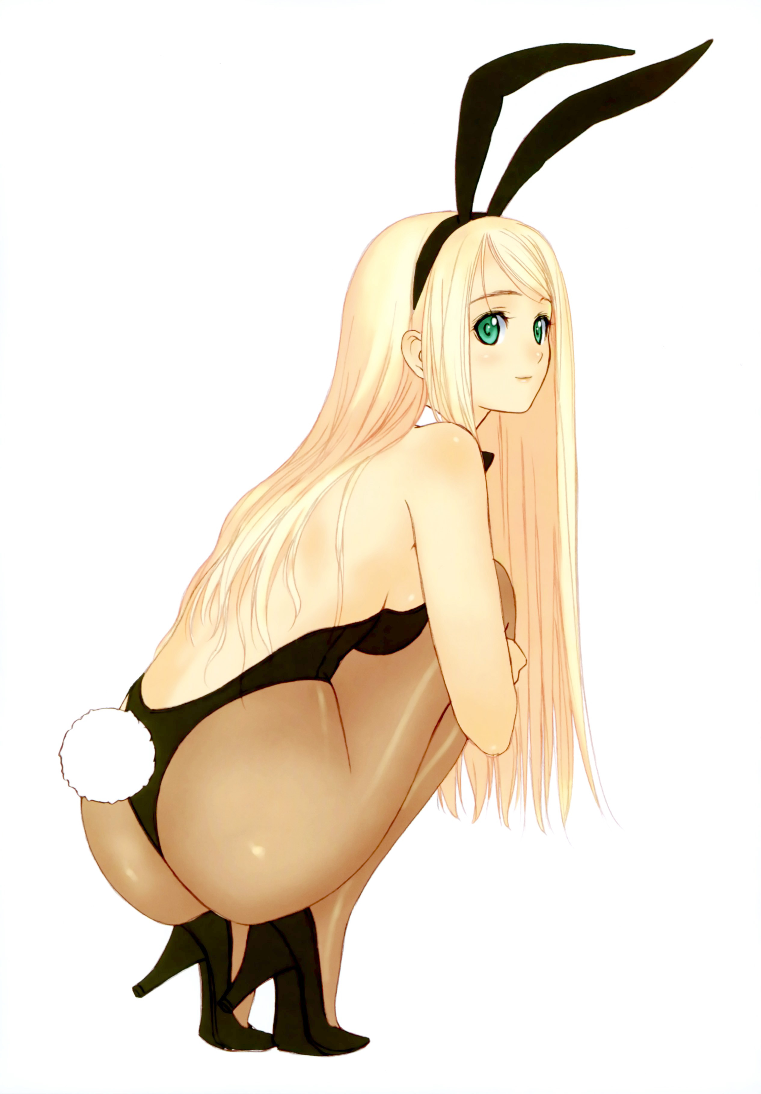 tony taka, original, absurdres, highres, 1girl, animal ears, ass, back, backless outfit, bare back, bare shoulders, blonde hair, fake animal ears, female focus, green eyes, high heels, long hair, looking back, panties, pantyhose, playboy bunny, rabbit ears, rabbit tail, shoes, sitting, solo, squatting, tail, thong, underwear