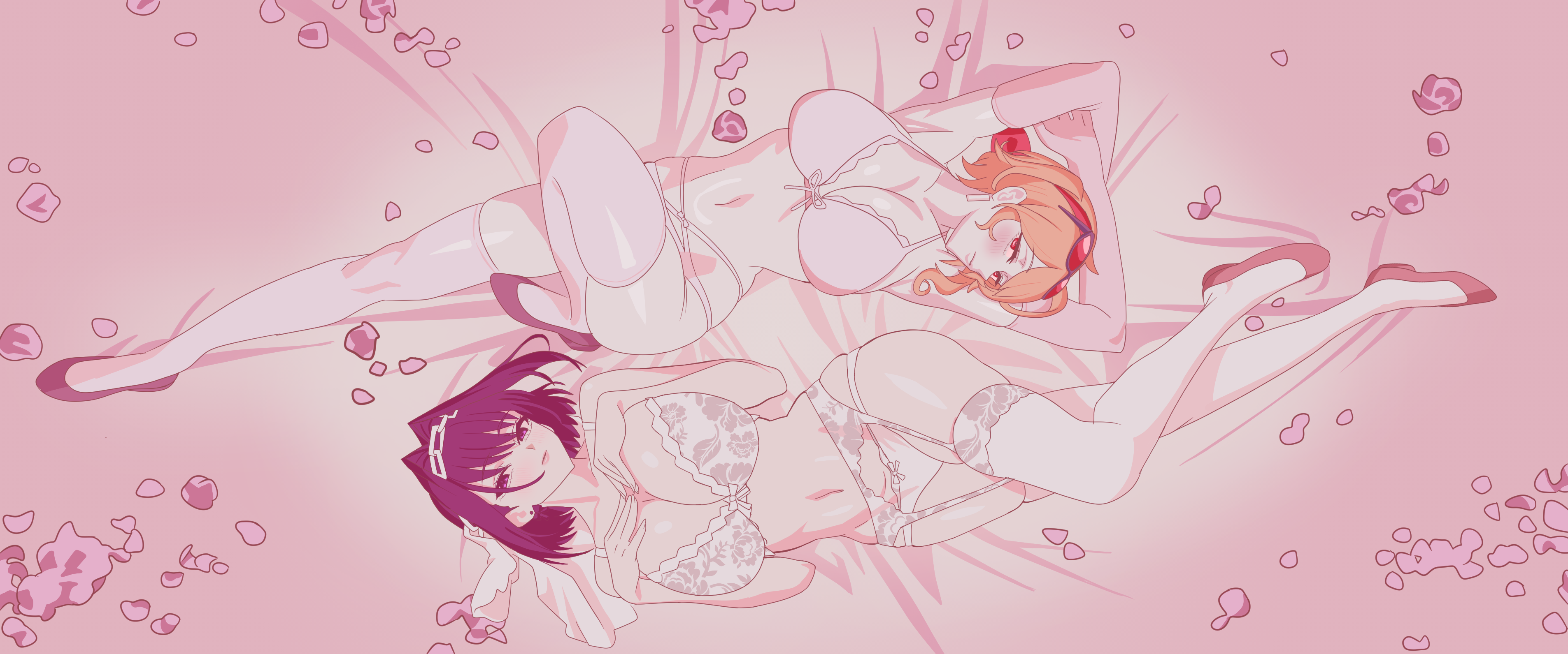 neige (pixiv6850453), kaela kovalskia, ouro kronii, chainsaw man, hololive, hololive english, hololive indonesia, on blanket, absurdres, highres, 2girls, arms behind head, arms up, ballet slippers, black hair, blonde hair, bra, breasts, cleavage, floral print bra, garter belt, garter straps, hands on own chest, huge breasts, lingerie, lying, midriff, multi-strapped panties, multiple girls, on back, panties, pink bra, pink thighhighs, red shoes, scene reference, shoes, short hair, thighhighs, underwear, white thighhighs