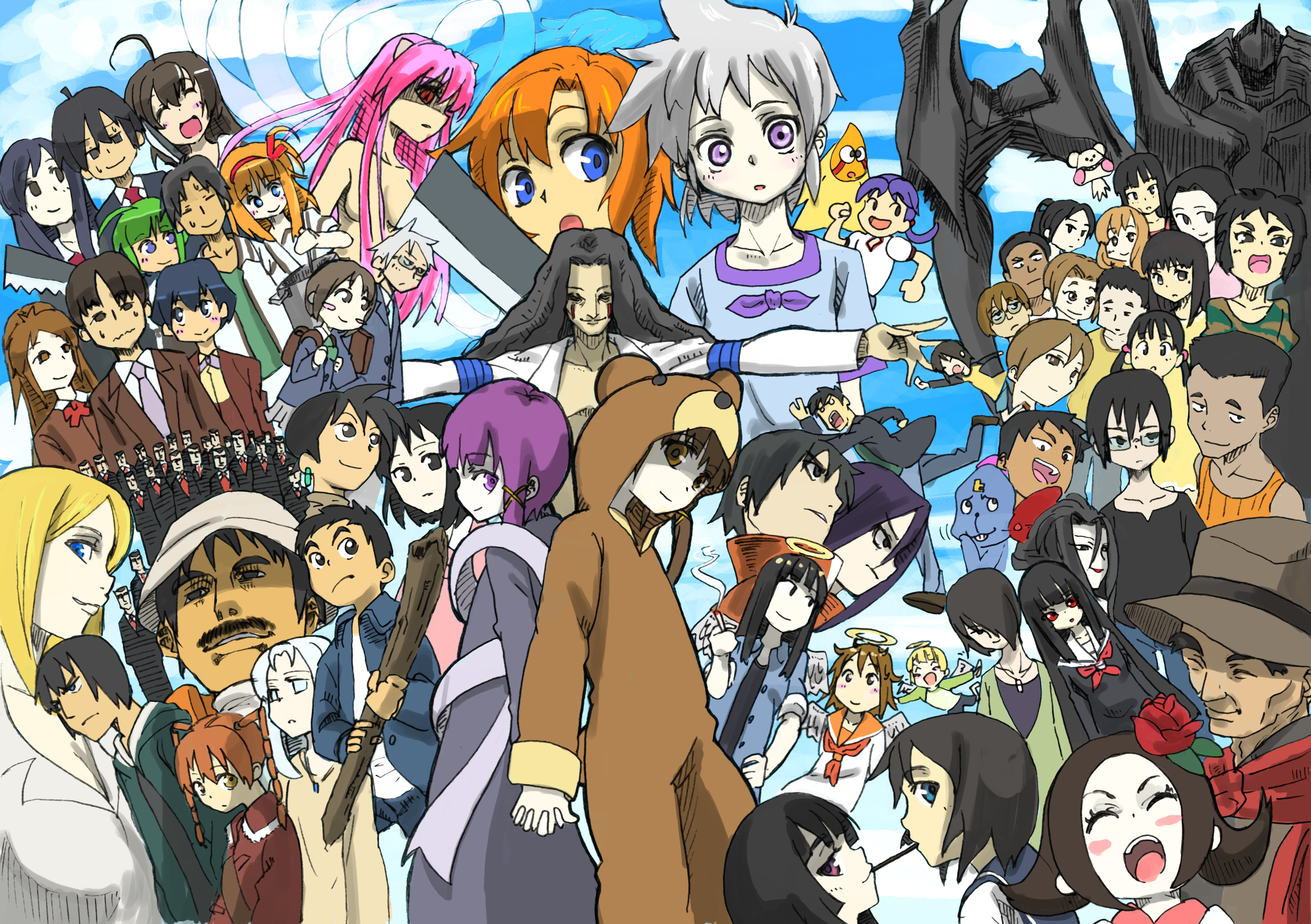 metaseko (kajistyle), chise (saishuu heiki kanojo), eiri masami, enma ai, fuyou kaede, helga, helga (fantastic children), hikikomori alien, hone onna, hoshimaru, housen aoi, ichimoku ren, isayama yomi, itou makoto (school days), iwakura lain, katsura kotonoha, kazuho yoshii, kikuri, kuu (haibane renmei), lala-ru, lucy (elfen lied), masami eiri, matsutani shuuzou, mima tokiko, rakka (haibane renmei), ran (texhnolyze), reki (haibane renmei), ryuuguu rena, saionji sekai, shigure asa, shuuji (saishuu heiki kanojo), tamai shiina, tohma, tsuchimiya kagura, wanyuudo, zearth, bokurano, elfen lied, fantastic children, ga-rei, ga-rei zero, haibane renmei, higurashi no naku koro ni, ima soko ni iru boku, jigoku shoujo, key the metal idol, mugen no ryvius, narutaru, nhk ni youkoso!, saishuu heiki kanojo, school days, serial experiments lain, shuffle!, texhnolyze, formal, striped, absurdres, character request, highres, 00s, 1990s (style), 6+boys, 6+girls, absolutely everyone, ahoge, animal costume, black hair, blonde hair, blue eyes, blunt bangs, blush, braid, brown hair, everyone, facial hair, flower, glasses, green hair, hair over breasts, hair over one breast, hairband, halo, hat, horns, jacket, jewelry, long hair, machete, multiple boys, multiple girls, mustache, necklace, necktie, open mouth, orange hair, pink hair, purple eyes, purple hair, retro artstyle, rose, school uniform, short hair, skirt, suit, tan, tank top, weapon, white hair, wings, yellow eyes