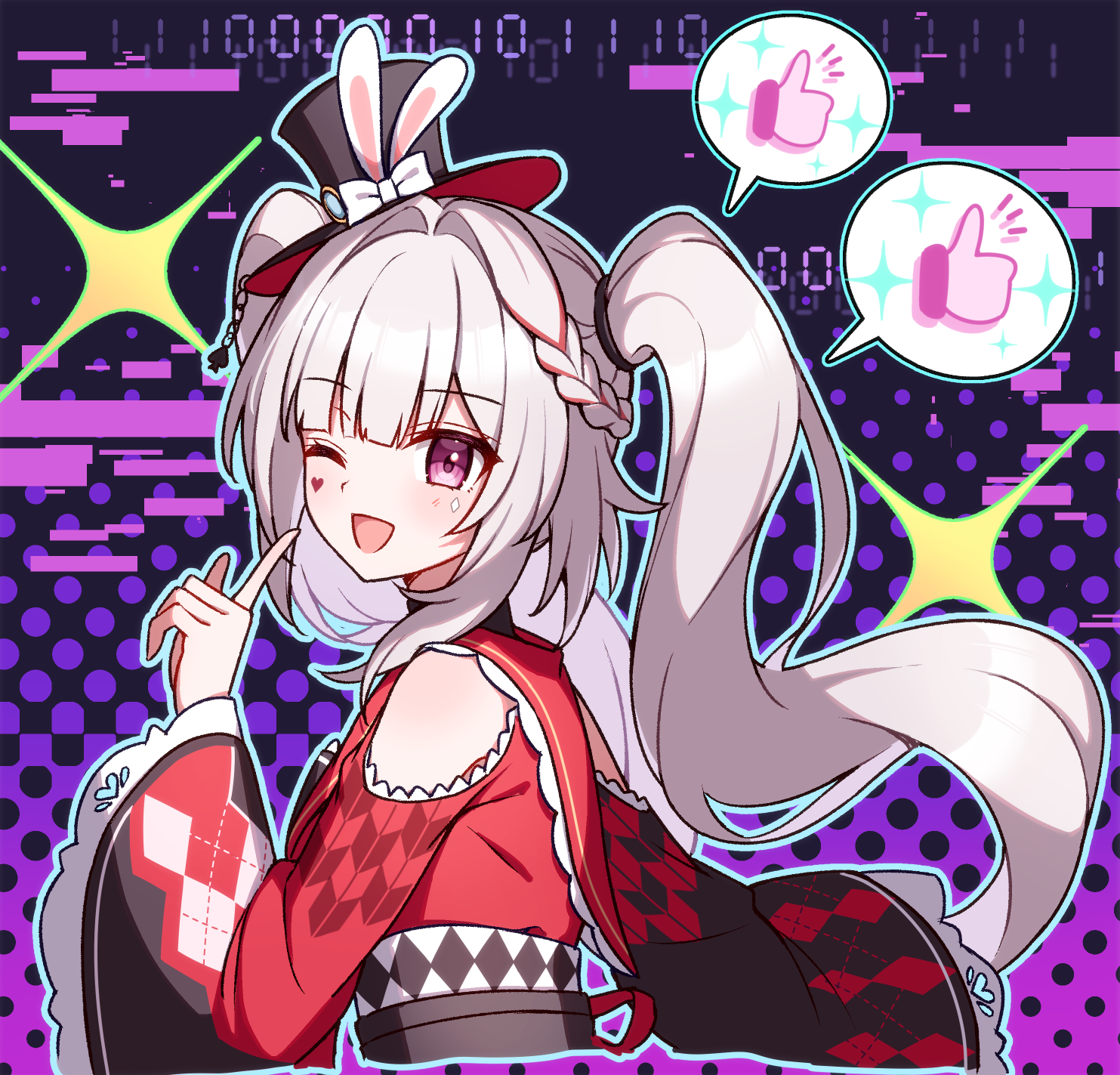 t@ke-g, sparxie (honkai: star rail), honkai: star rail, honkai (series), commentary request, highres, 1girl, black hat, clothing cutout, diamond (shape), diamond facial mark, facial mark, hand up, hat, heart, long hair, looking at viewer, mark under both eyes, one eye closed, open mouth, purple eyes, red streaks, shoulder cutout, smile, solo, speech bubble, spoken symbol, thumbs up, twintails, upper body, white hair, wide sleeves