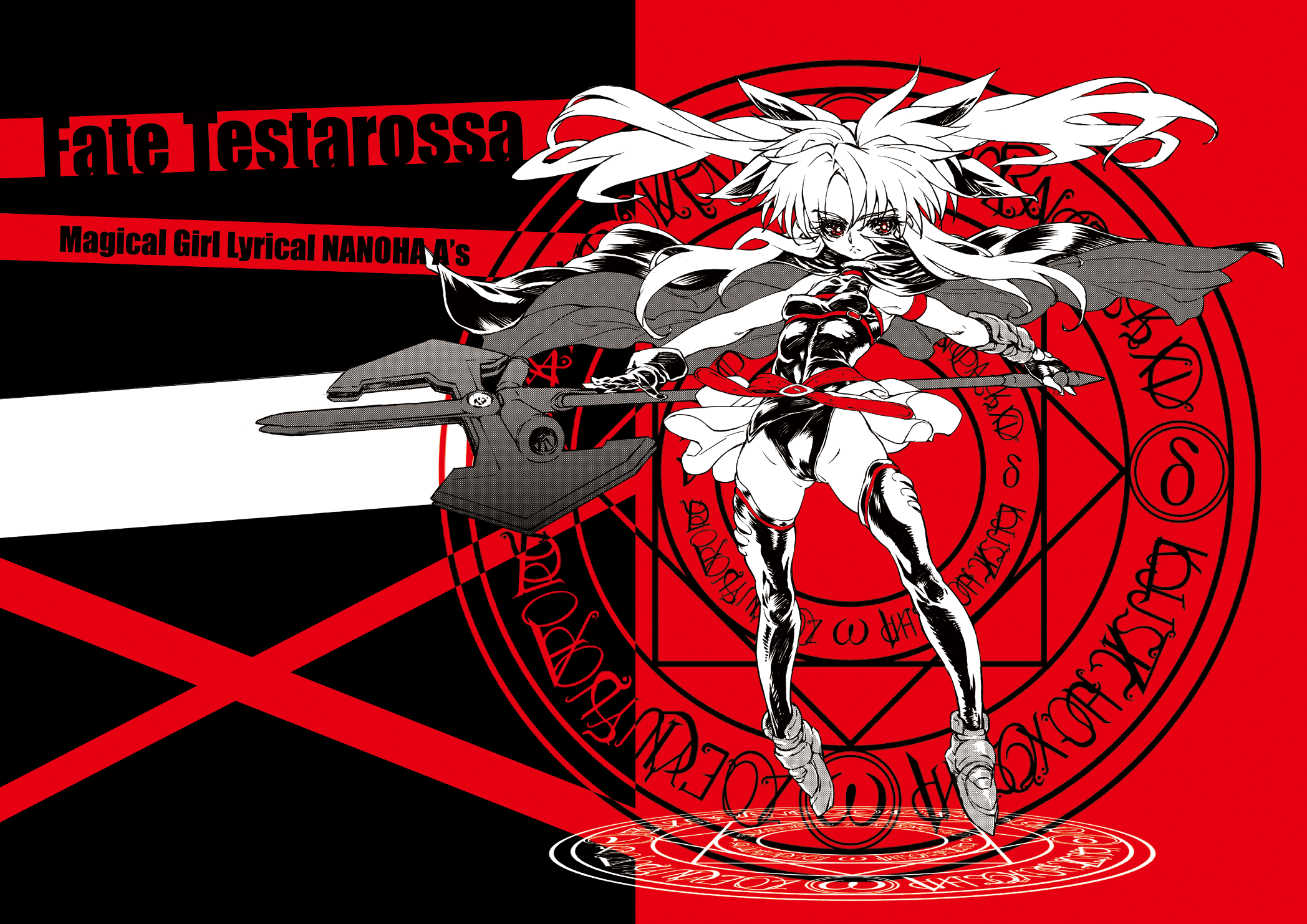 urabe katsuto, bardiche (nanoha), bardiche (zanber form) (nanoha), fate testarossa, fate testarossa (lightning form), lyrical nanoha, mahou shoujo lyrical nanoha, mahou shoujo lyrical nanoha a's, highres, 00s, 1girl, belt, cape, female focus, gloves, leotard, long hair, red eyes, serious, solo, thighhighs, weapon