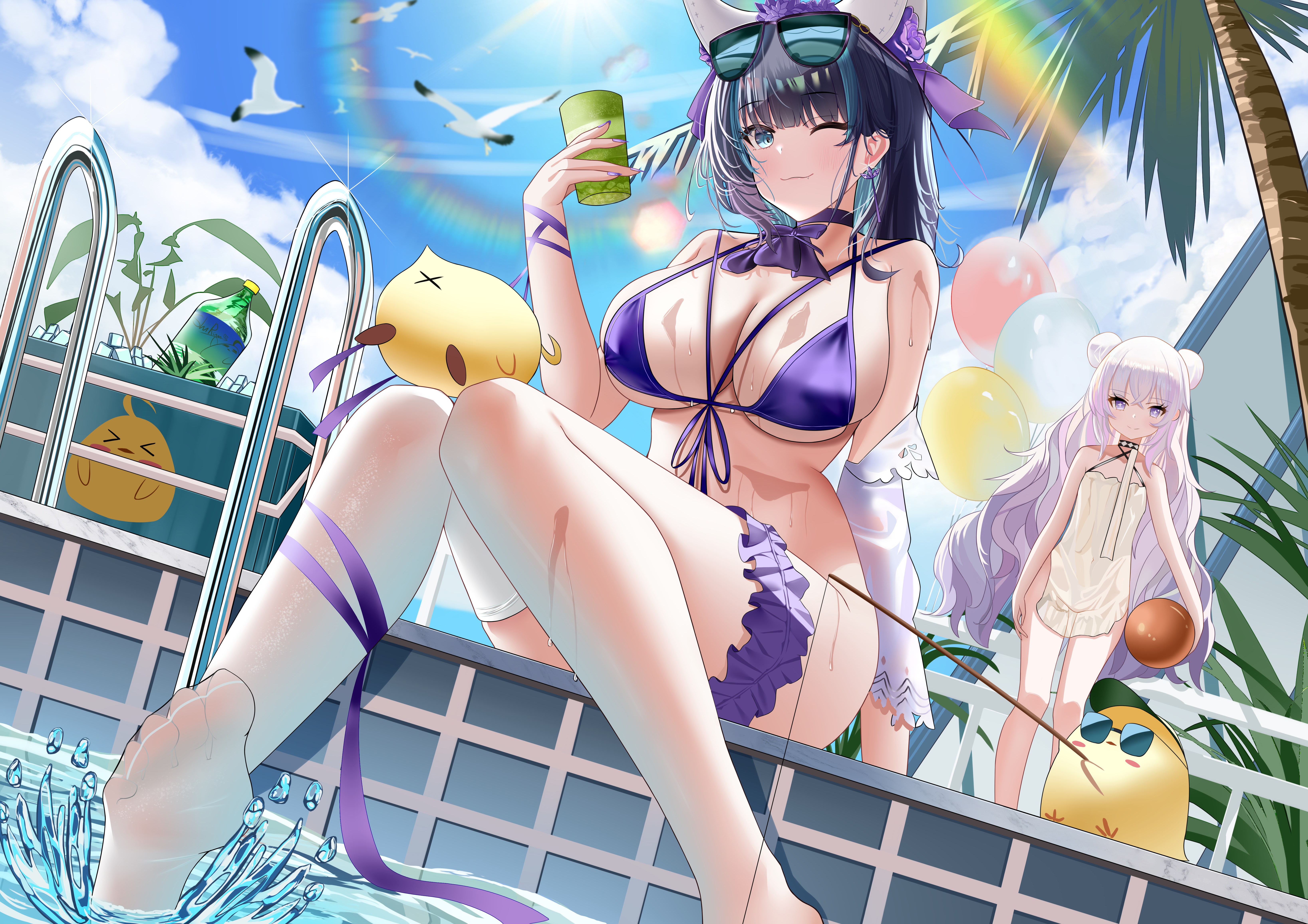 shiran, cheshire (azur lane), cheshire (summery date!) (azur lane), le malin (azur lane), le malin (sleepy sunday) (azur lane), manjuu (azur lane), azur lane, absurdres, commentary request, highres, + +, 2girls, animal band, arm garter, balloon, bikini, criss-cross halter, double bun, dress, eyewear on head, frilled garter, frilled thigh strap, hair bun, halterneck, long hair, multiple girls, nail polish, official alternate costume, one eye closed, outdoors, pool ladder, poolside, purple bikini, purple garter, sitting, strapless, strapless bikini, sundress, sunglasses, swimsuit, thigh strap, tinted eyewear, white dress, white hair