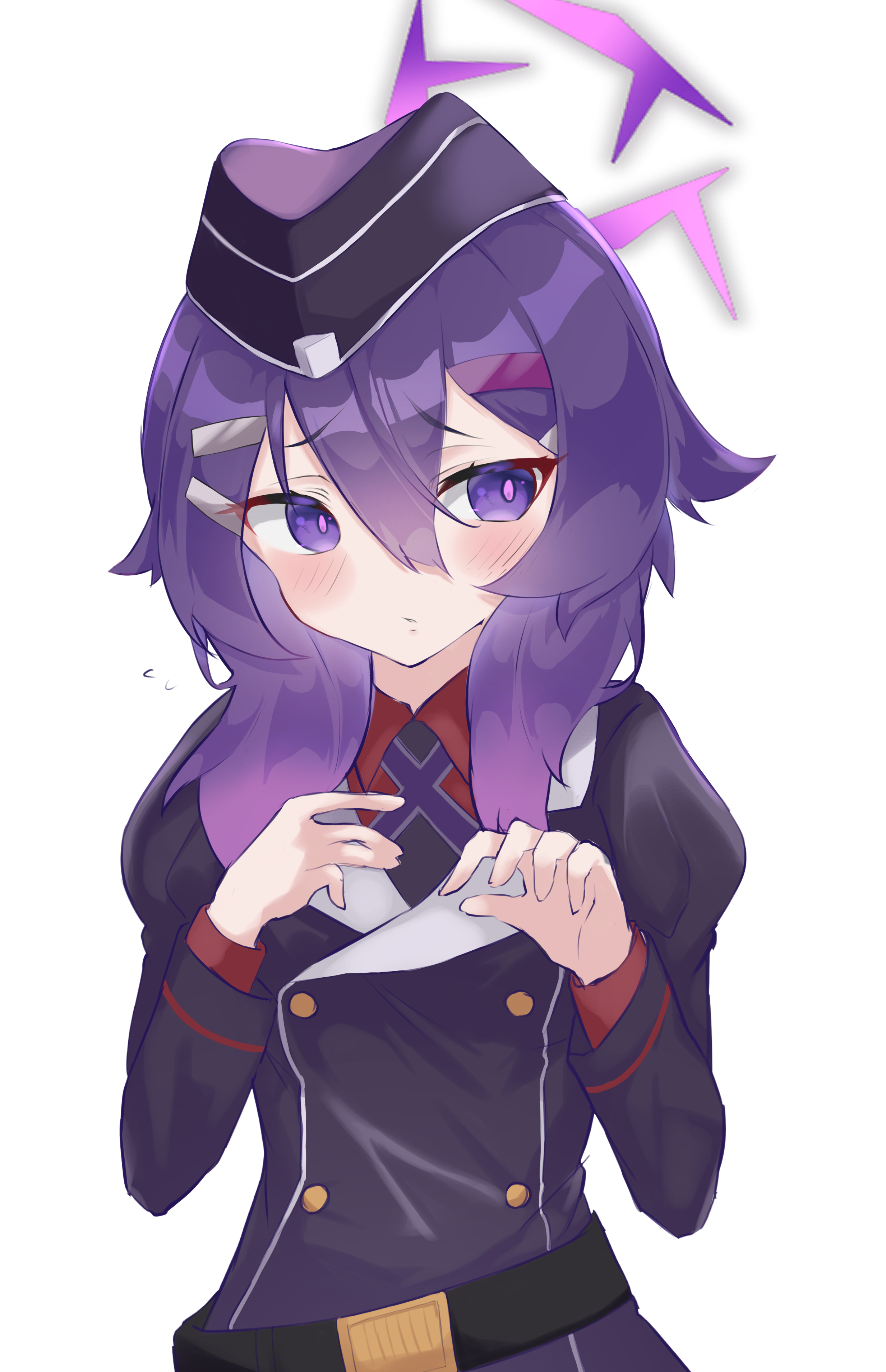 rokugatsu shigure, haruka (blue archive), blue archive, absurdres, commentary request, highres, 1girl, belt, black belt, blush, hair between eyes, halo, hat, juliet sleeves, long sleeves, pink pupils, puffy sleeves, purple eyes, purple hair, purple halo, purple hat, simple background, solo, white background