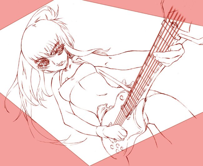 urabe katsuto, original, 1girl, bandeau, female focus, guitar, instrument, long hair, monochrome, ponytail, solo, strapless, tube top