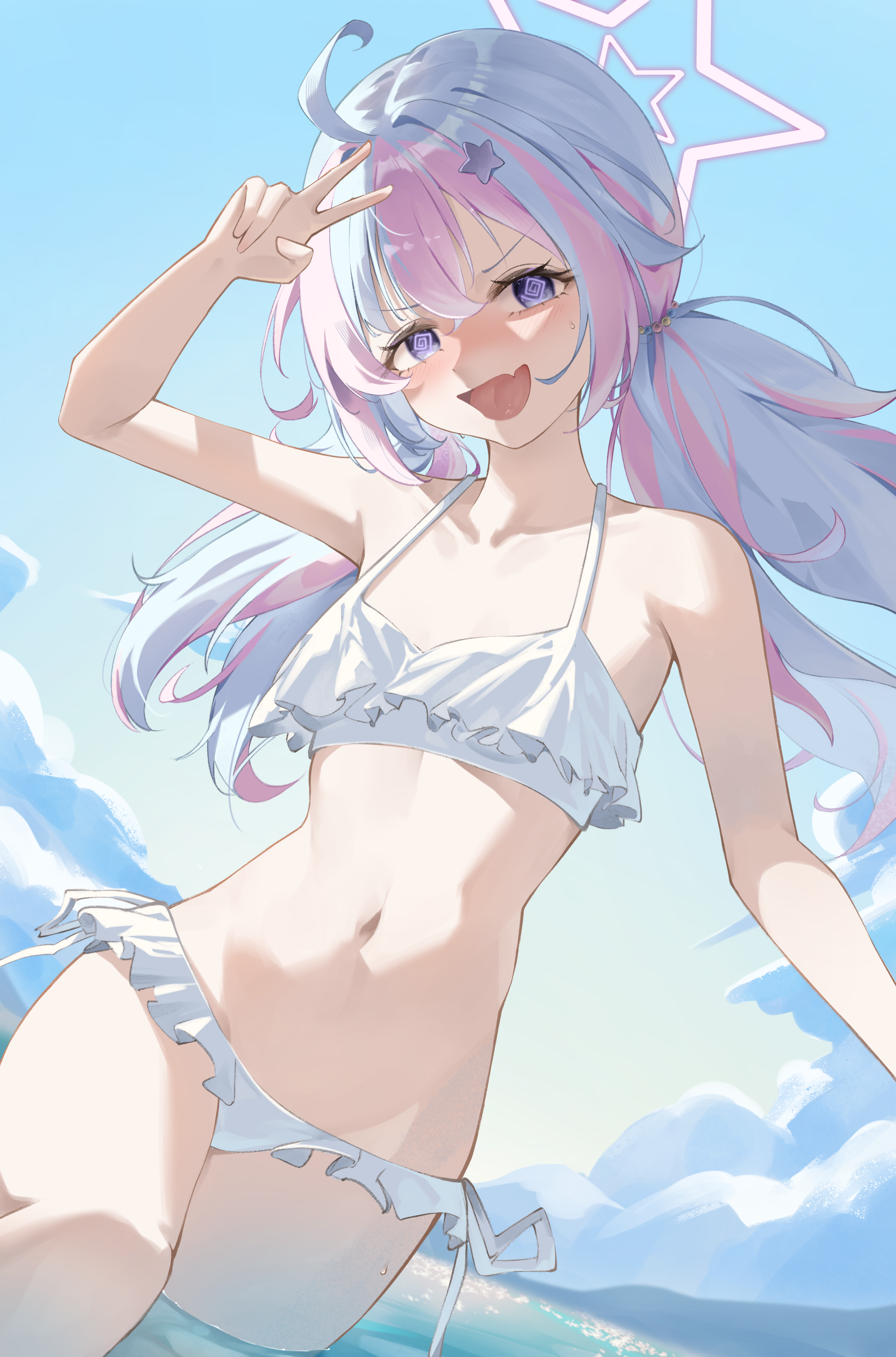miku rasha, reisa (blue archive), blue archive, absurdres, commentary, highres, 1girl, ;d, ahoge, arm up, bikini, blue hair, blue sky, blush, cloud, collarbone, cowboy shot, day, halo, long hair, looking at viewer, low twintails, multicolored hair, navel, one eye closed, open mouth, outdoors, pink hair, pink halo, purple eyes, sky, smile, solo, star halo, swimsuit, twintails, two-tone hair, v, wading, white bikini