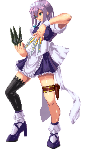 yoshimoto (dear life), izayoi sakuya, touhou, silver hair, lowres, 1girl, braid, female focus, full body, hairband, knife, maid, pixel art, short hair, single thighhigh, solo, thigh strap, thighhighs, throwing knife, transparent background, twin braids, weapon