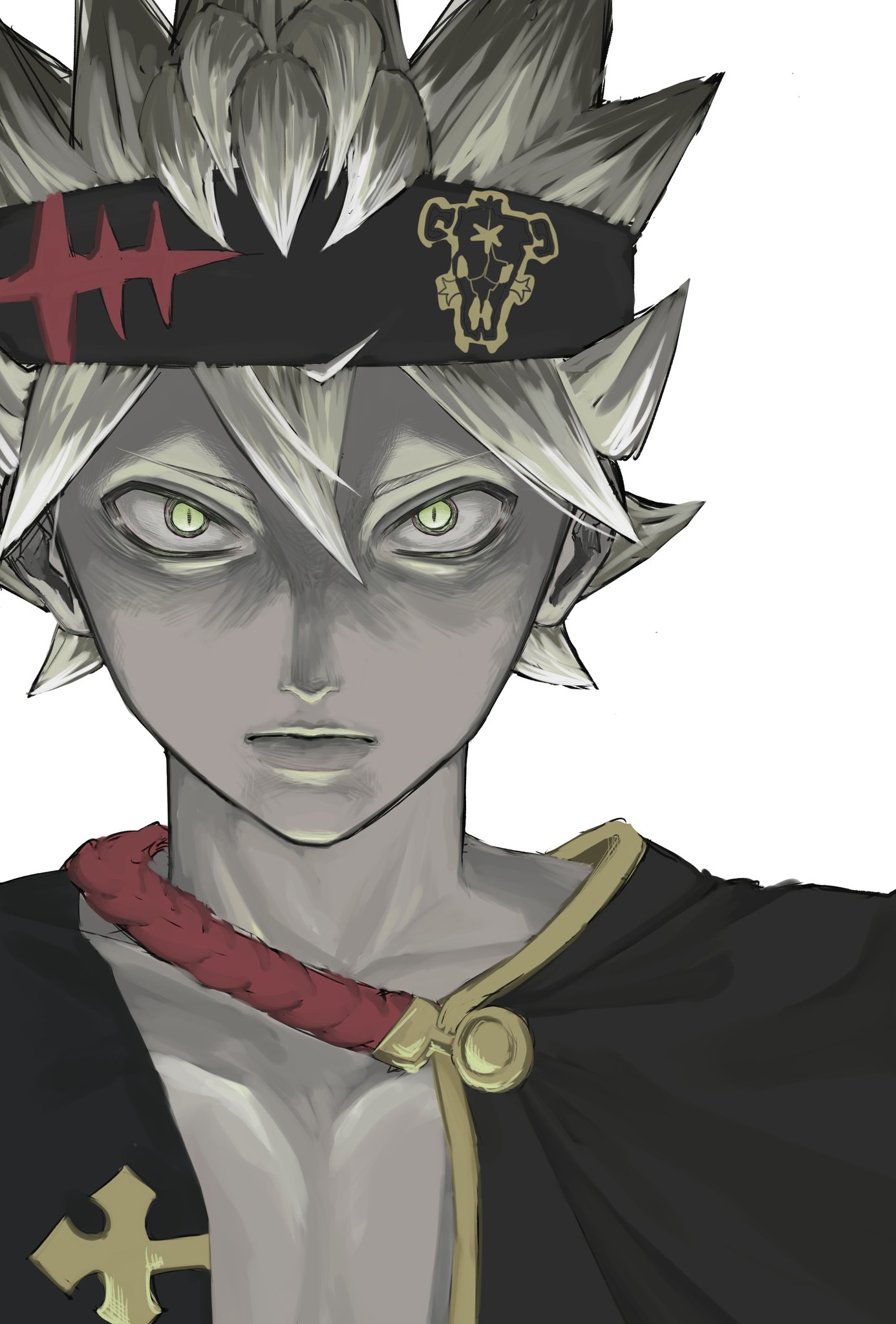 asta (black clover), black clover, highres, 1boy, black bulls (emblem), black capelet, black headband, capelet, green eyes, grey hair, hair between eyes, headband, looking at viewer, male focus, portrait, serious, short hair, side capelet, slit pupils, solo, spiked hair, ya mada 22