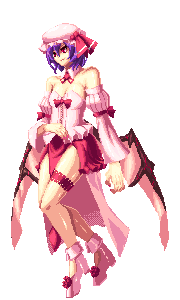yoshimoto (dear life), remilia scarlet, touhou, lowres, 1girl, aged up, female focus, full body, hat, pixel art, short hair, solo, standing, transparent background, wings