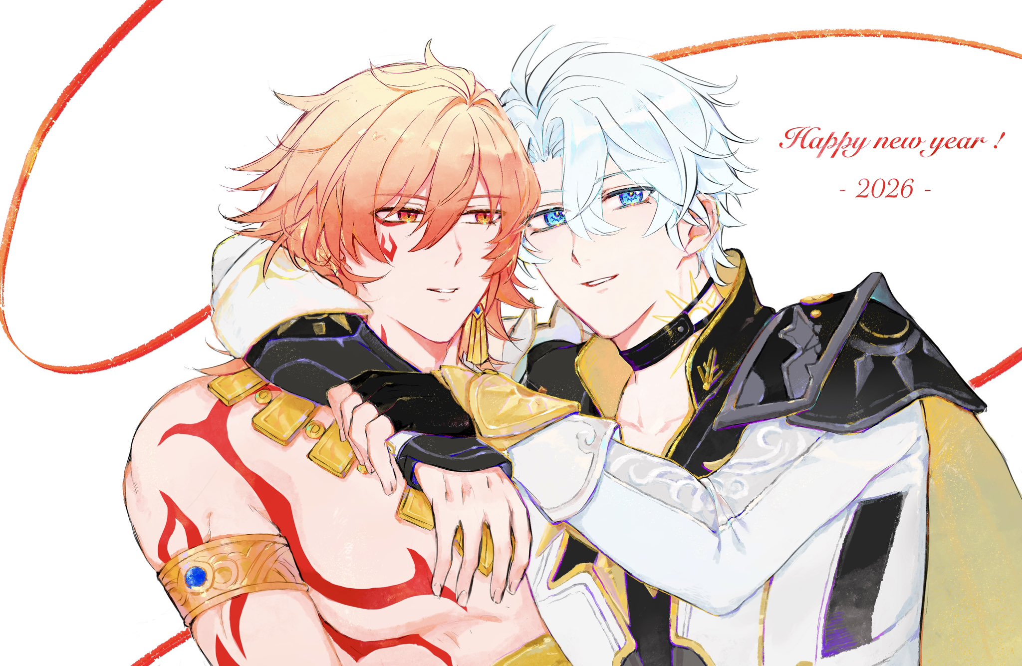 mydei (honkai: star rail), phainon (honkai: star rail), honkai: star rail, honkai (series), hashtag-only commentary, highres, 2boys, arm around shoulder, arm tattoo, armlet, black coat, black gloves, blonde hair, braid, chest tattoo, coat, earrings, facial tattoo, fingerless gloves, gloves, gold earrings, gold necklace, gradient hair, jewelry, male focus, medium hair, multicolored hair, multiple boys, necklace, open clothes, open coat, qunnn, red hair, red tattoo, side braid, single glove, tattoo, yaoi, yellow eyes